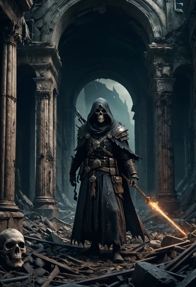 (Very detailed 8K wallpapers),A terrifying necromancer,medium shot,complicated,high detail,dramatic,The forgotten war,city ruins。