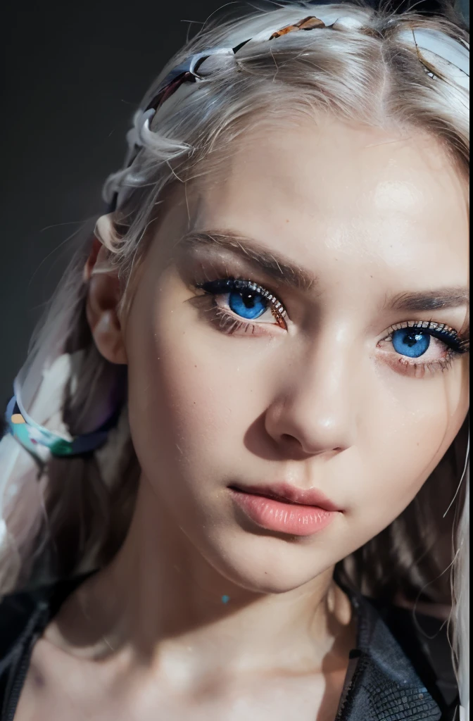 face of a beautiful futuristic girl of about 22 years old. Her's Her's nose, redder than the rest of her skin, contrasting with the rest of her pale skin. Her eyes are very, very large and brighter than a normal human's, magnetic brightness. Her electric blue eyebrows are large and exaggerated, painting a portrait of intense expression. expressive form, charming face. (((fluorescent white neon straight long hair))). some beads and colorful ribbons woven into her short hair. her face has a contemporary and futuristic look. Her lips, painted in bold shades of bright orange. Their chromatic intensity completes the extraordinary ensemble, giving an aura of glamor and refinement to this girl with her memorable face.