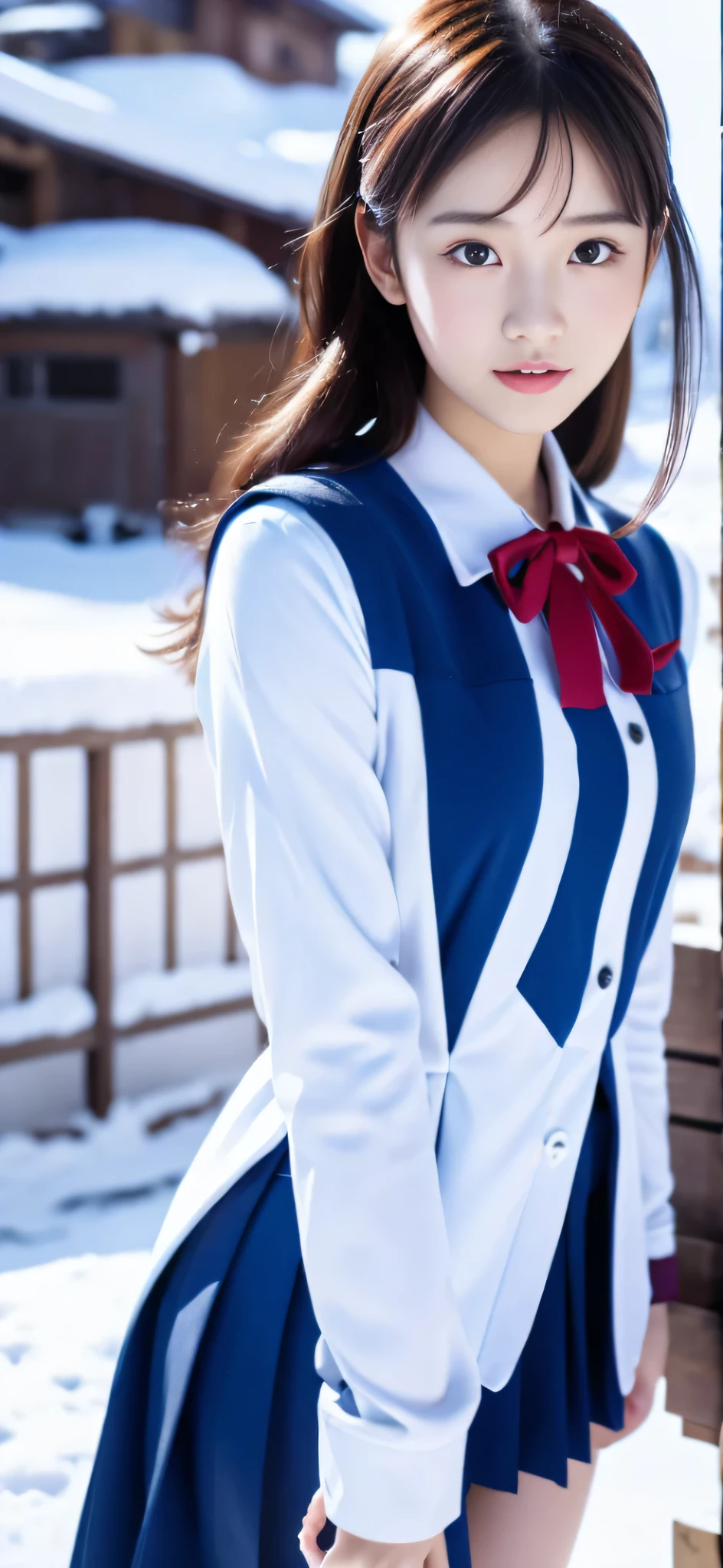 genuine、８ｋ、Close-up of a person in uniform standing in the snow, girl in uniform, JK uniform, Dilraba Dilmurat, gorgeous chinese model, Summer all over the body, Chen Xintong, Works that influenced Chen Yifei, The background is just snow, Li Zixin, girl of the alps, Yanjun Cento, Inspired by Ma Yuanyu