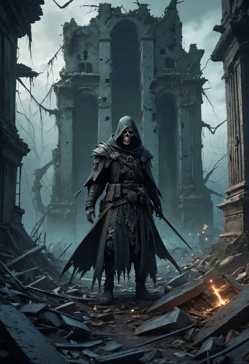 (Very detailed 8K wallpapers),A terrifying necromancer,medium shot,complicated,high detail,dramatic,The forgotten war,city ruins。