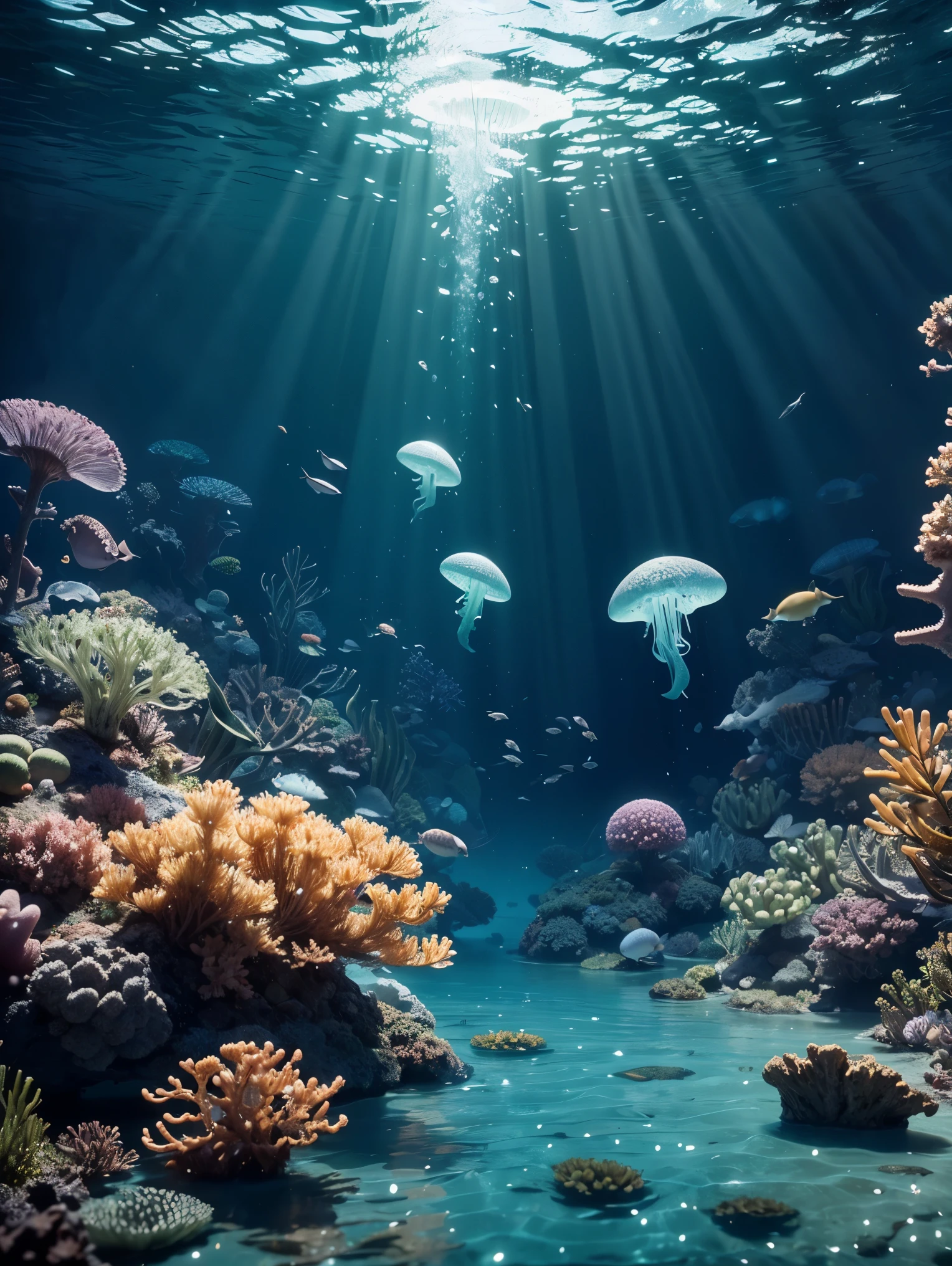 Masterpiece, best quality, (very detailed CG unity 8k wallpapers), (best quality), (best illustrations), (best shadows), marine theme with natural elements. Tall mangroves, rich marine plants, glowing jellyfish, surrounded by schools of fish, glowing particle effects,, (marine plants), (ocean theme), ((luminous algae)), (coral), ((glowing jellyfish )), ((Glow Creatures in Seawater)), ((Sea Fire)), (((Particle Effect))), Isometric 3D, Octane Rendering, Ray Tracing, Super Detailed