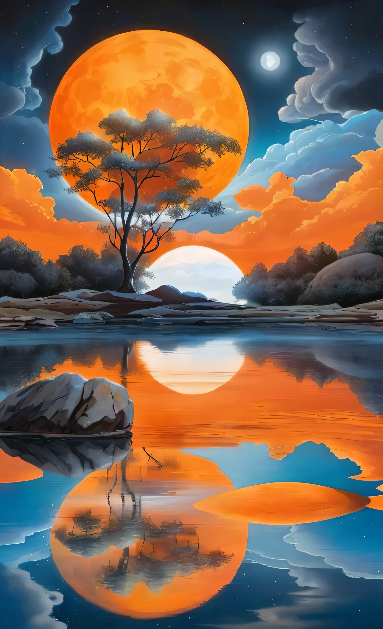 painting of a tree and a lake with a full moon in the background, rob mcnaughton, surreal landscape, surrealist landscape painting, by Michael James Smith, by Jason Benjamin, style of tim white, scenery artwork, beautiful digital art, surreal scene, epic red - orange moonlight, chris moore”, beautiful digital artwork, ray swanland, landscape art, stunning artwork