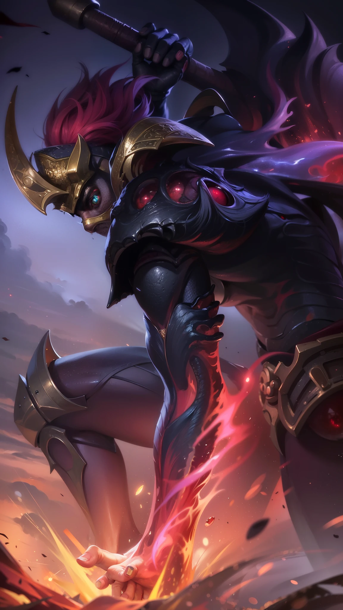 masterpiece, ((perfect eyes)) best quality, (semirealism:1.9), beautiful lighting, (extremely detailed CG unity 4k fhd wallpaper), High Detail, Sharp focus, dramatic outdoors, red short hair, 8k, realistic, scary, strong red eye glow (red eye:1.2), a close up of a person with a sword and a fire.
