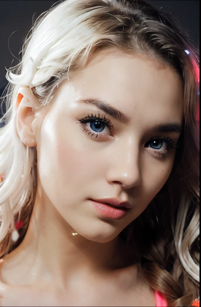 face of a beautiful futuristic girl of about 22 years old. Her's Her's nose, redder than the rest of her skin, contrasting with the rest of her pale skin. Her eyes are very, very large and brighter than a normal human's, magnetic brightness. Her electric blue eyebrows are large and exaggerated, painting a portrait of intense expression. expressive form, charming face. (((long wavy hair in fluorescent white neon))). some beads and colorful ribbons woven into her short hair. her face has a contemporary and futuristic look. Her lips, painted in bold shades of bright orange. Their chromatic intensity completes the extraordinary ensemble, giving an aura of glamor and refinement to this girl with her memorable face.