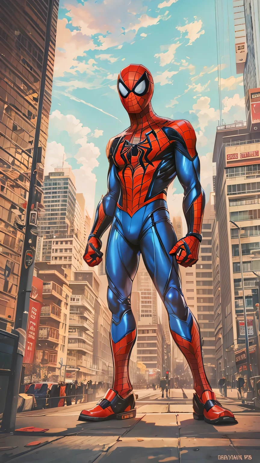 comic style:(Robot Spider-Man),Manipulator,hero,red and blue garments,Gold logo,city background, empty eyes, simple background, center.