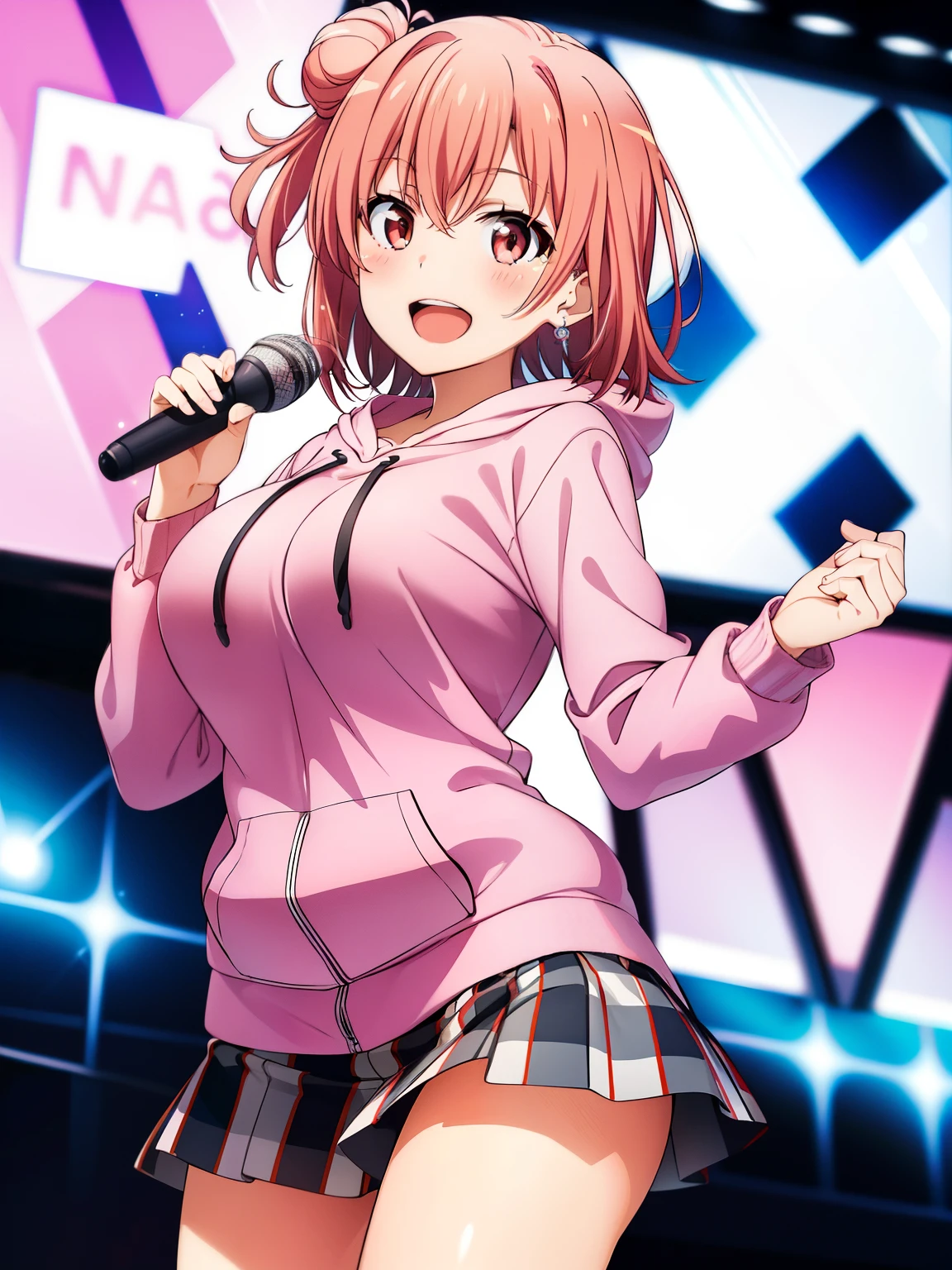 Yuigahama Yui, short hair, brown eyes, Pink hair, single bun hair,
looking at viewer,
(masterpiece), highest quality, High resolution, unity 8k wallpaper, (perfect anatomy:1.2),
blush, smile,
(huge breasts:1.1),
karaoke,
(pink hoodie), checked skirt,
open mouth,