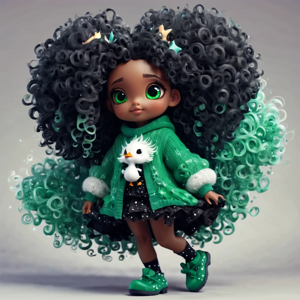 (best quality, highres), magical, black theme, (magical cute girl:1.2). with (((exaggerated hair, huge fluffy hair", expanded hair, exagerated voluminous hair))), green and white sweater with ultradetailed zentangle duck and dots , details, (((horsehair, fluffy))), socks, shoes, origami hair texture,