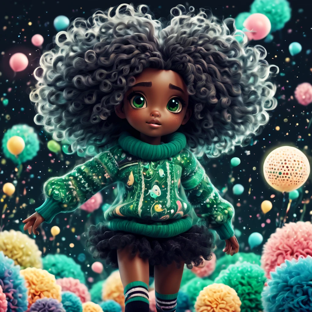 (best quality, highres), magical, black theme, (magical cute girl:1.2). with (((exaggerated hair, huge fluffy hair", expanded hair, exagerated voluminous hair))), green and white sweater with ultradetailed zentangle duck and dots , details, (((horsehair, fluffy))), socks, shoes, origami hair texture,