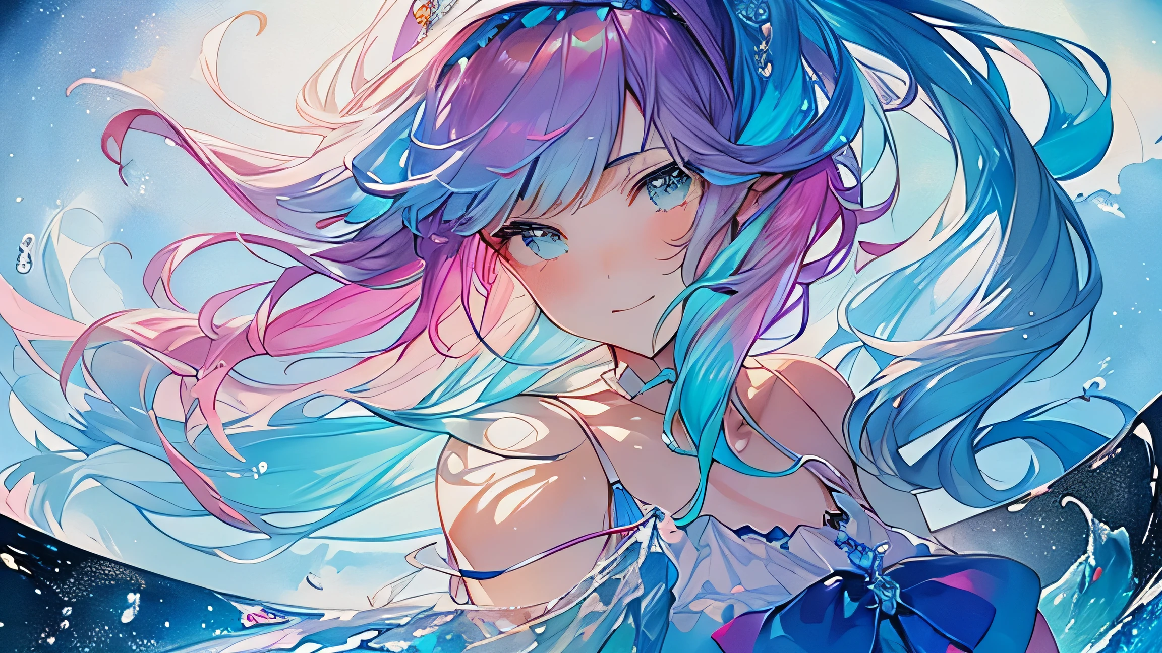 ((masterpiece、highest quality、watercolor art(meanwhile)、official art、beautiful and luxurious: 1.2))、(golden ratio: 1.2)、(Full body Esbian: 1.2)、(Super detailed: 1.3)、(1 girl: 1.3)、(fractal art: 1.3)、Overall good health、(sparkling pupils))、pattern、(rainbow colored hair、colorfulな髪、light blue and half pink hair: 1.2))、colorful、lit、(heterochromia iris)、(colorful: 1.5)、((embarrassed face))、(Standing position)、(hyper detail)、(exquisite details))、(intricate details)、((movie light、highest qualityのバックライト))、high contrast、((best lit) 、very delicate and beautiful))、((movie light))、(raytraced reflections、shine) (shineオーラ))、((shineオーラ))、((shine髪))、((Super detailed))、 (((8k))、Delicate and beautiful face and eyes、focus on the face、deep sea background、masterpiece、detailed splash water、beautiful fine water、Shock sensation、(genuine: 0.5)、Original 2 high saturation、(colorfulなスプラッシュスポットに囲まれています)、colorfulな泡、glass、