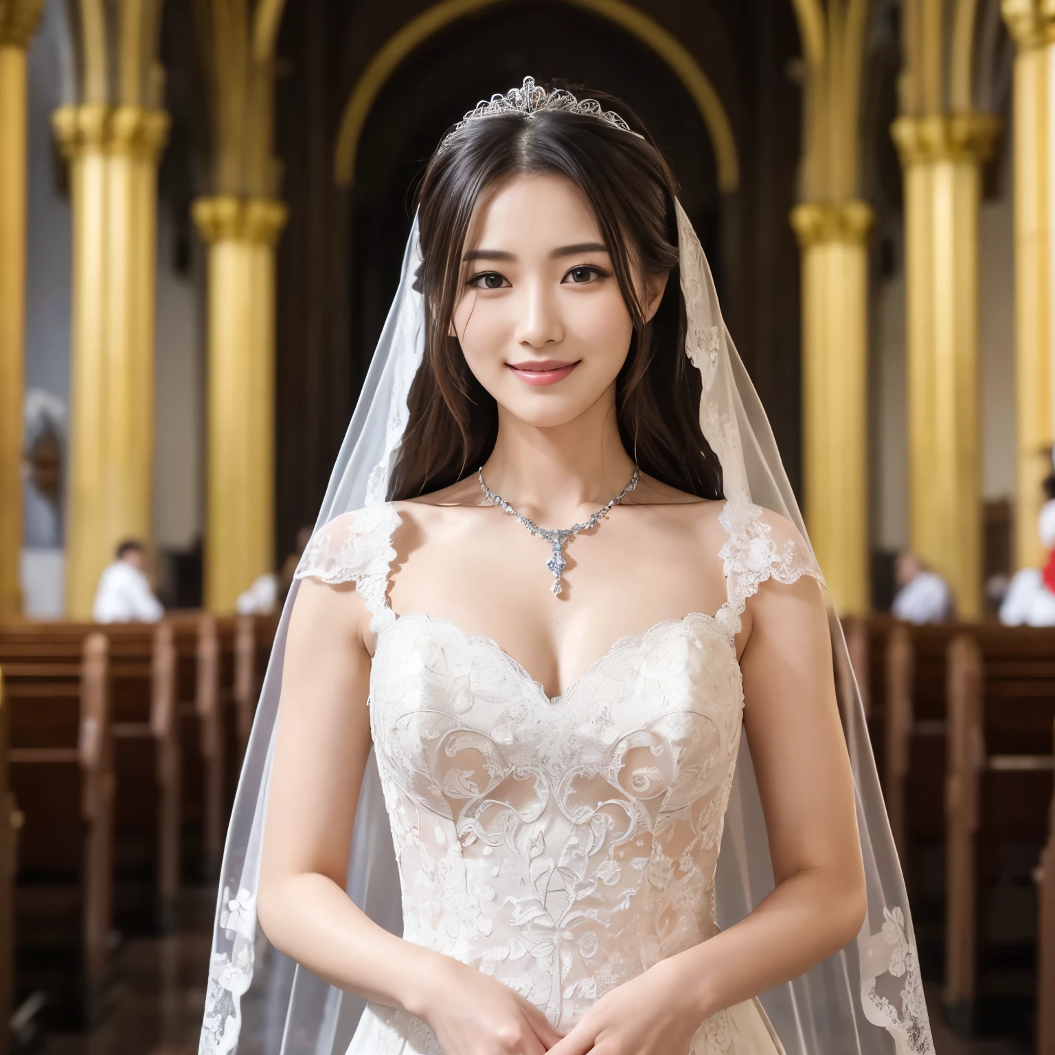 (table top、highest quality、8k、very detailed and intricate details、The most complex and detailed textures、ultra high resolution)、(One bride:1.1)、the most luxurious wedding dress、wedding lace、highest qualityの巨大なティアラ、highest qualityの巨大なネックレス、the most classy decoration、(upper body photo:1.2)、the most sacred church ceremony、elegant and modern church、Stylish and elegant contemporary church、Delicate and luxurious stained glass、upper body photo、the best smile when you look at me、the most extravagant wedding、Ultra high definition beauty face、ultra high definition hair、Super high-definition sparkling eyes、ultra high resolutionの艶やかな唇、accurate anatomy、(very bright and vivid:1.2)、(Super high-definition sparkling pure white skin:1.1)