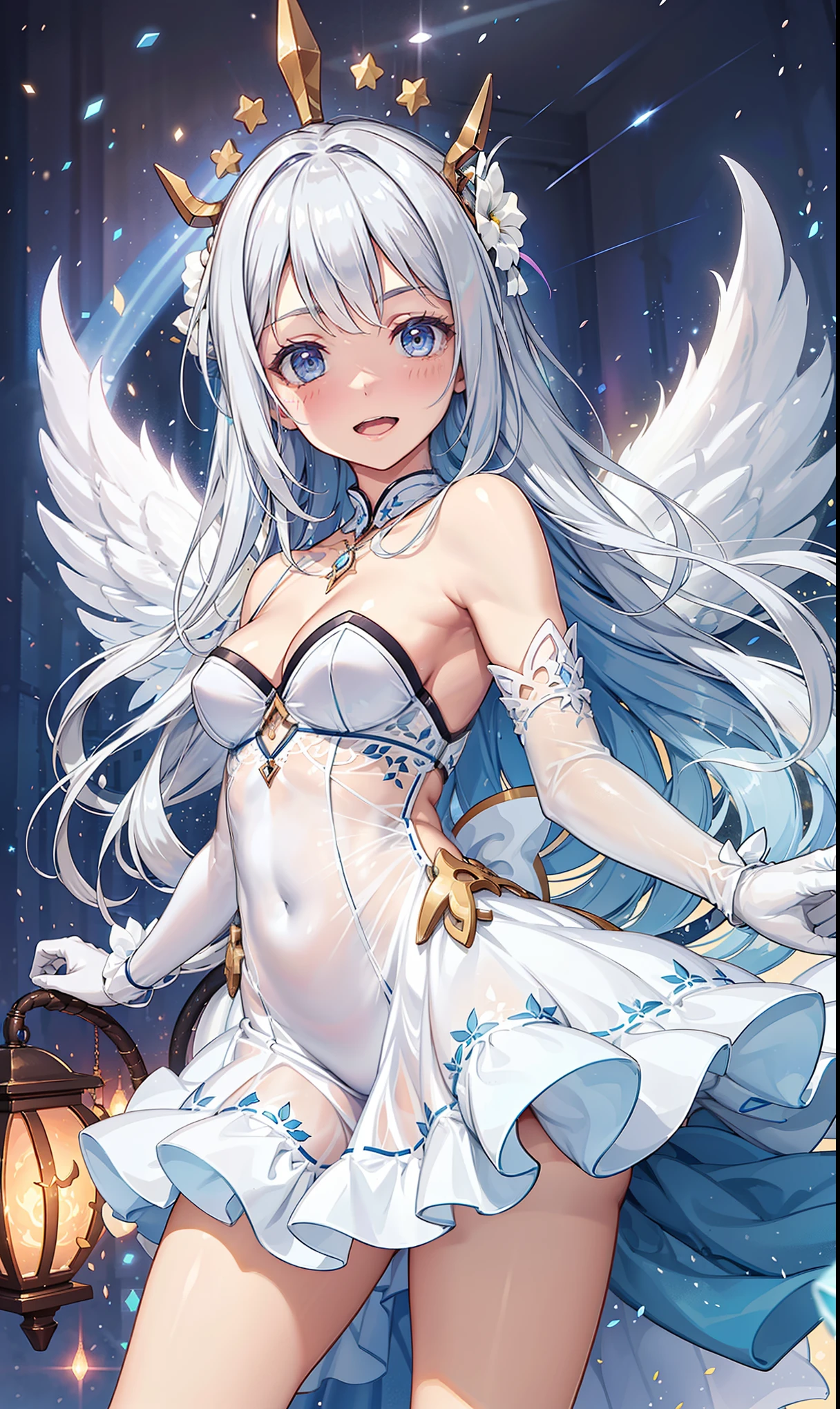 (top quality,highest resolution,1girl)saints,Elegant and charming,having fun,in love,(Transparent white dress,Sophisticated and gorgeous design,from fantasy world),black gloves,silver hair,blue eyes,see through transparent clothes,Exquisite hair accessories,Transparent lace,Sky blue pattern,dress nicely,bedroom,night,Carved suspender boots,Super super details,Divine magic,light particles