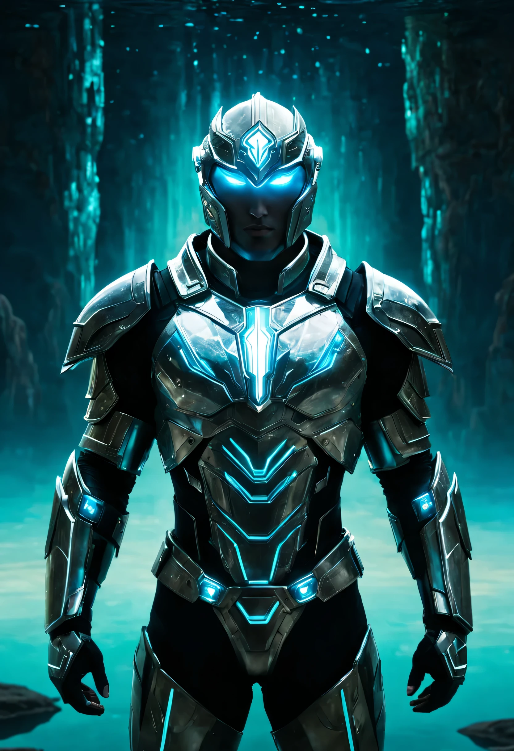 In a immersive, Gyroscopic, futuristic and Sci-Fi style, illustrate a portrait of a brave hero Emerging from the shimmering synthotic liquid,半riterion 半道, clad in luminous arc reactor enhanced armor, shining withETHereal bioluminescence, while battling intense cosmic runes, symmetrically distributing in the ethereal flow.