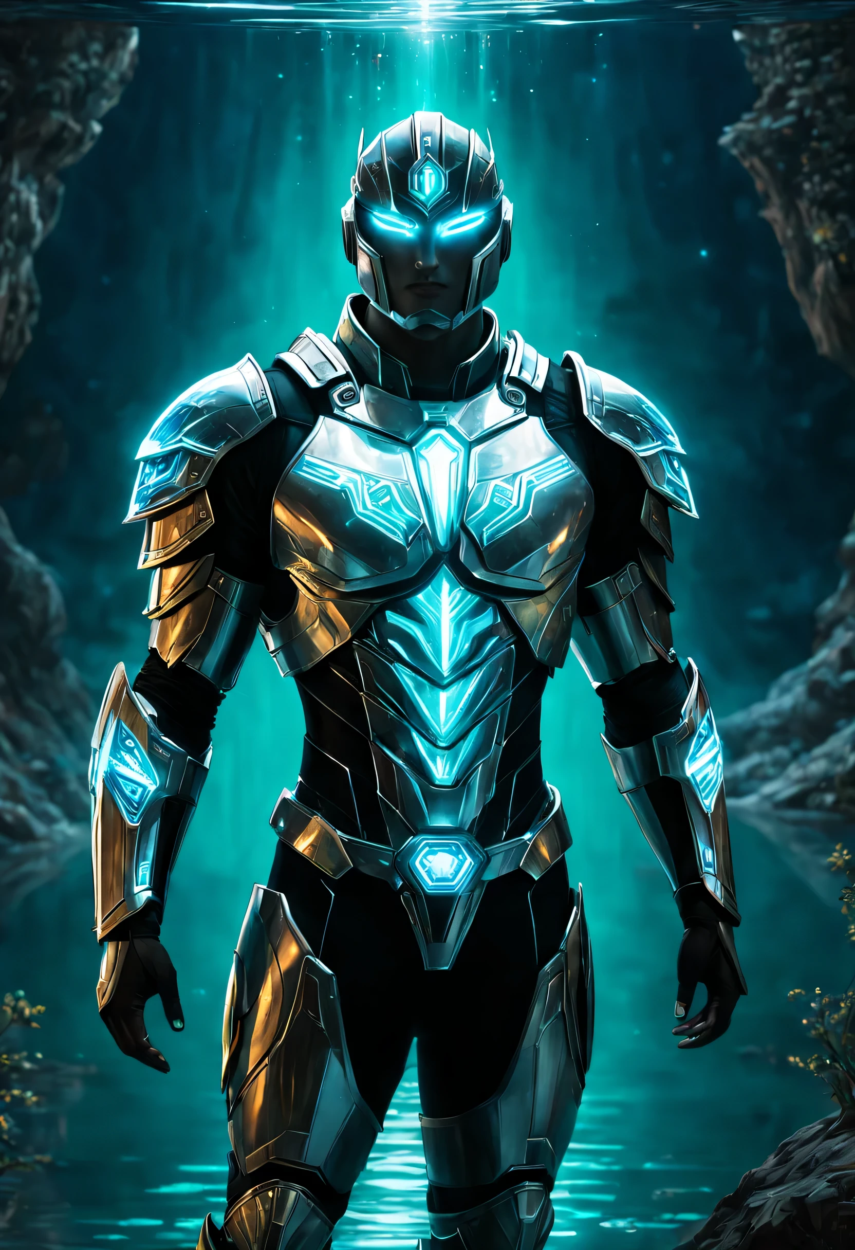 In a immersive, Gyroscopic, futuristic and Sci-Fi style, illustrate a portrait of a brave hero Emerging from the shimmering synthotic liquid,半riterion 半道, clad in luminous arc reactor enhanced armor, shining withETHereal bioluminescence, while battling intense cosmic runes, symmetrically distributing in the ethereal flow.