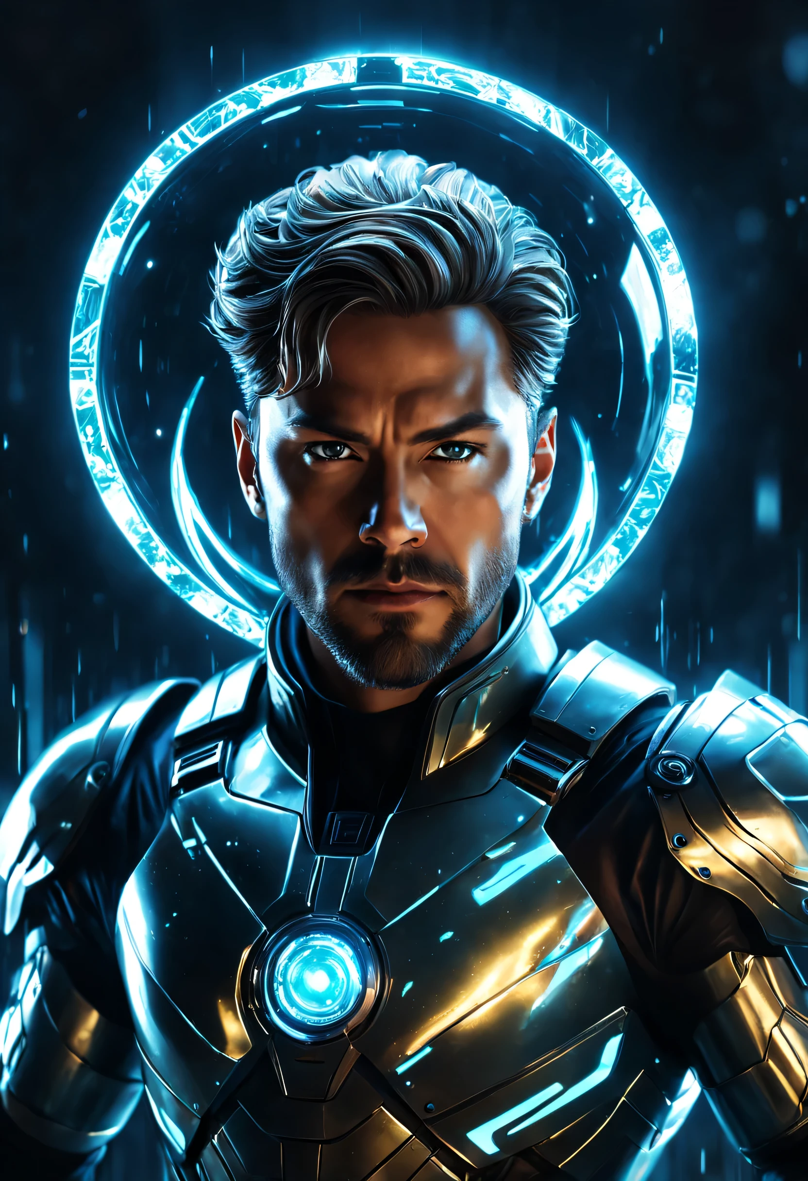 In a immersive, Gyroscopic, futuristic and Sci-Fi style, illustrate a portrait of a brave hero Emerging from the shimmering synthotic liquid,半riterion 半道, clad in luminous arc reactor enhanced armor, shining withETHereal bioluminescence, while battling intense cosmic runes, symmetrically distributing in the ethereal flow.