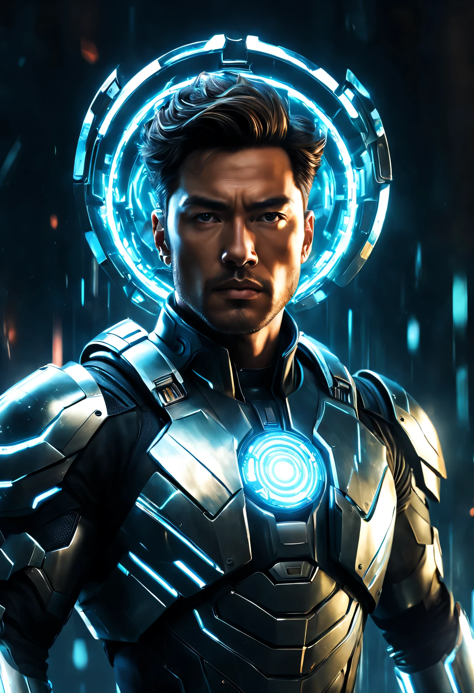 In a immersive, Gyroscopic, futuristic and Sci-Fi style, illustrate a portrait of a brave hero Emerging from the shimmering synthotic liquid,半riterion 半道, clad in luminous arc reactor enhanced armor, shining withETHereal bioluminescence, while battling intense cosmic runes, symmetrically distributing in the ethereal flow.