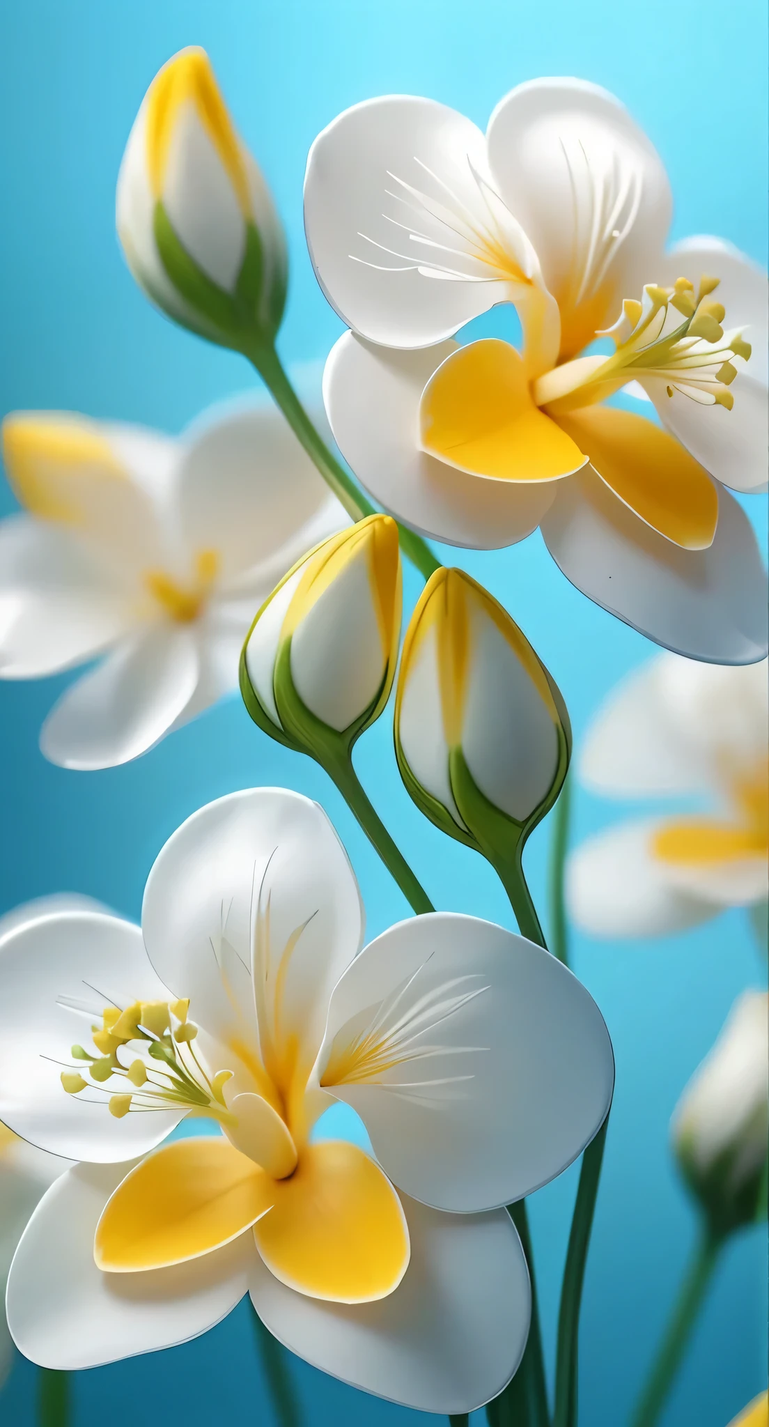 there are many white flowers with yellow centers on a blue background, beautiful flower, beautiful tropical flowers, beautiful flowers, white flowers, beautiful wallpaper, stunningly beautiful, incredibly beautiful, blooming tropical flowers, elegant flowers, detailed flowers, white flower, magical flowers, flower blossoms, surreal waiizi flowers, gorgeous composition, blooming flowers, tropical flowers, stunning screensaver