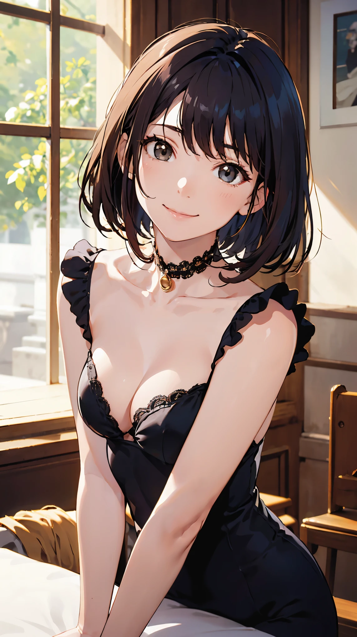 best quality, detailed face, 1girl, middle breast, smile, dressed up, (Charming, Puffy eyes:1.2), good anatomy, looking at viewer, soft focus, Golden hour lighting, depth of field, happy expression, shortcut hair, 