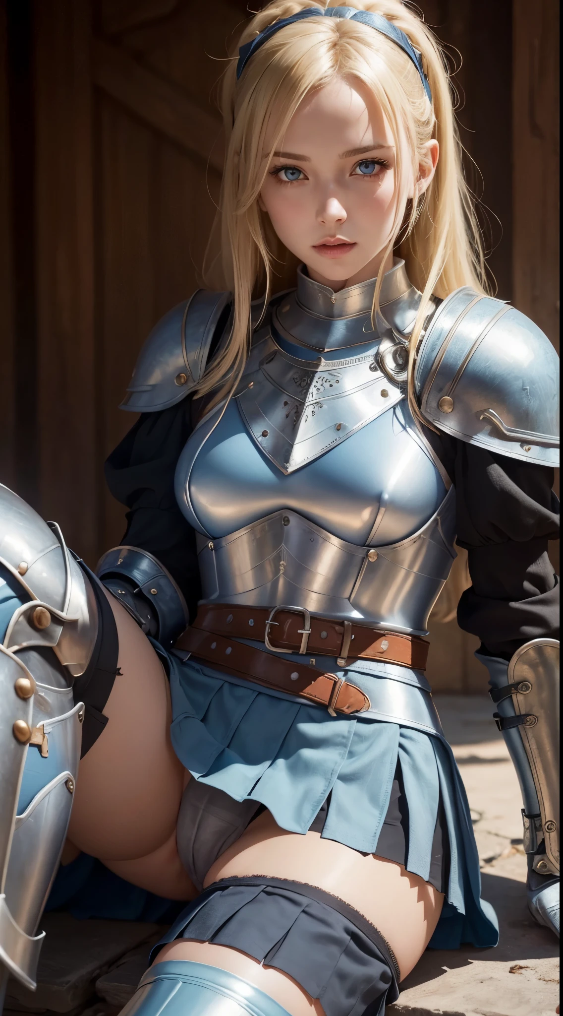 Blonde warrior girl, young girl, pretty face, thin girl, pretty girl, skinny girl, She's wearing a plate armor, medieval armor, steel breastplate, steel gauntlets, steel gloves, (blue miniskirt: 1.5), (sitting, spread her legs: 1.1), (her panties are showing: 1.2), you can see her panties, underwear, pantyshot, upskirt, (cameltoe: 1.3), (white panties), panties appearing, medieval fantasy, Dungeons and dragons, RPG character, best quality, (masterpiece), 8k