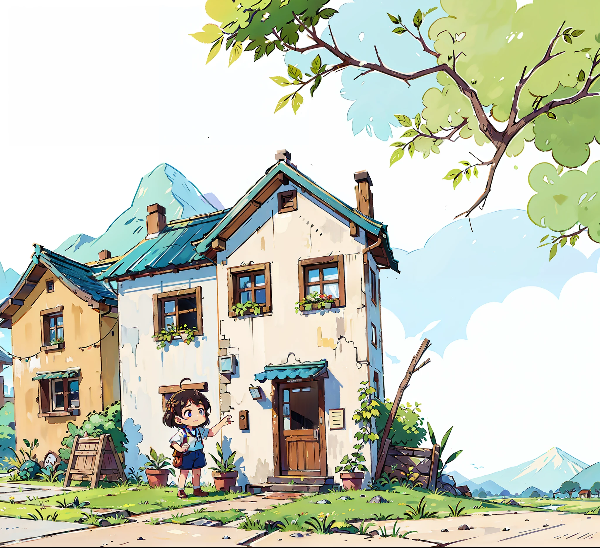 rural,A row of beautiful little houses,背景是rural,grassland,blue sky,high detail, 8k,There are mountains in the distance