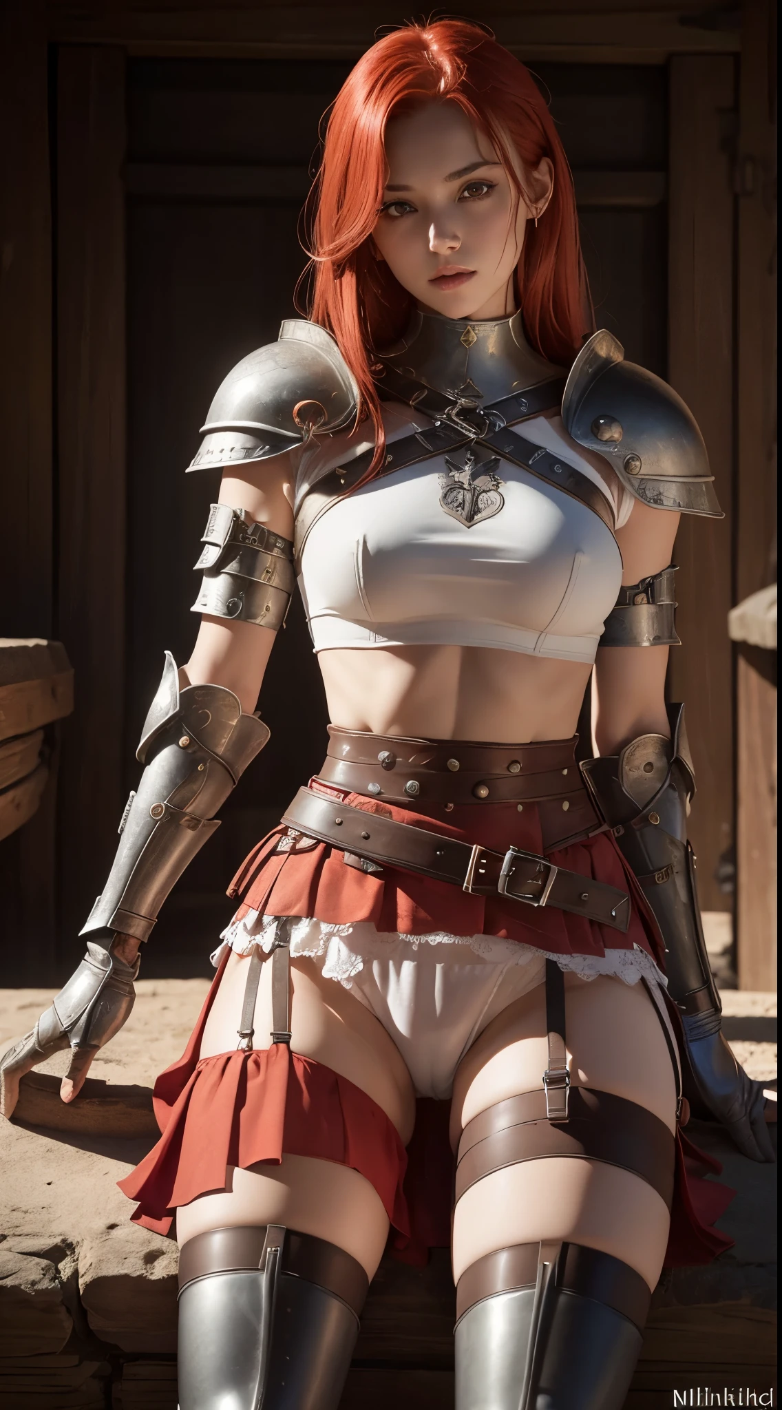 Red-haired warrior girl, young girl, pretty face, thin girl, pretty girl, skinny girl, She's wearing a plate armor, medieval armor, steel breastplate, steel gauntlets, steel gloves, (red miniskirt: 1.5), (sitting, spread her legs: 1.1), (her panties are showing: 1.2), you can see her panties, underwear, pantyshot, upskirt, (cameltoe: 1.3), (white panties), panties appearing, medieval fantasy, Dungeons and dragons, RPG character, best quality, (masterpiece), 8k
