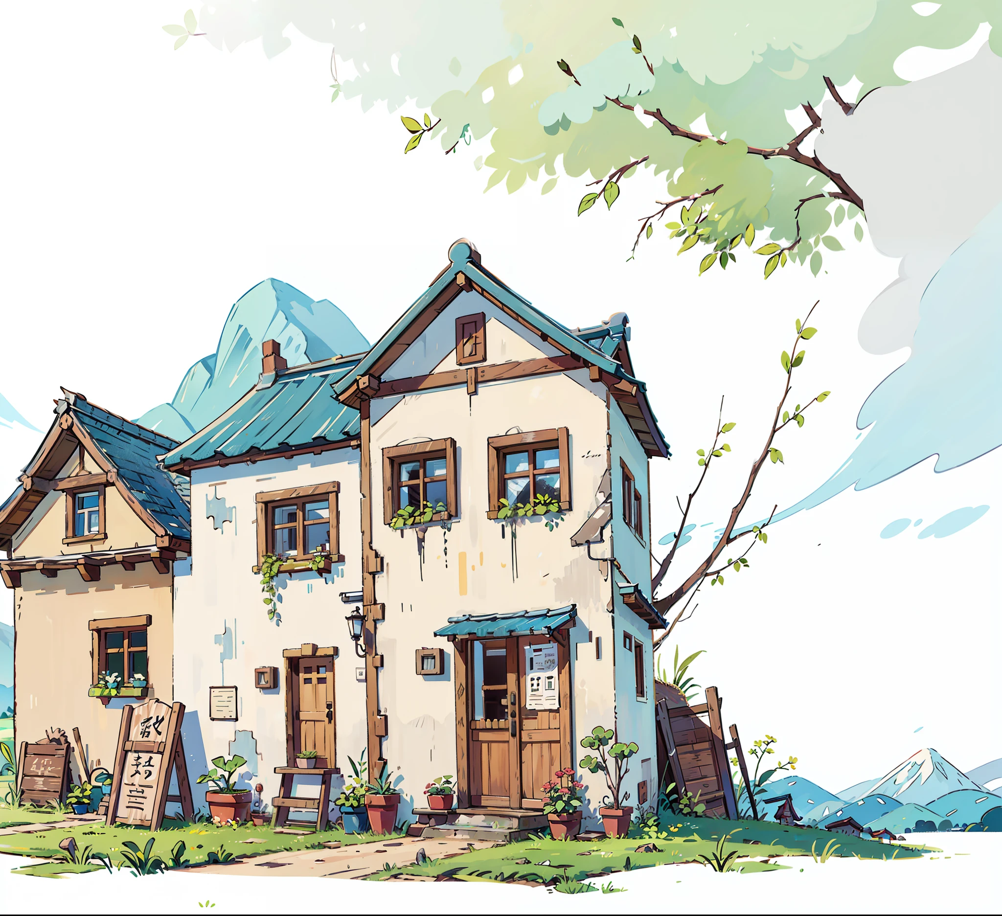 rural,A row of beautiful little houses,背景是rural,grassland,blue sky,high detail, 8k,There are mountains in the distance