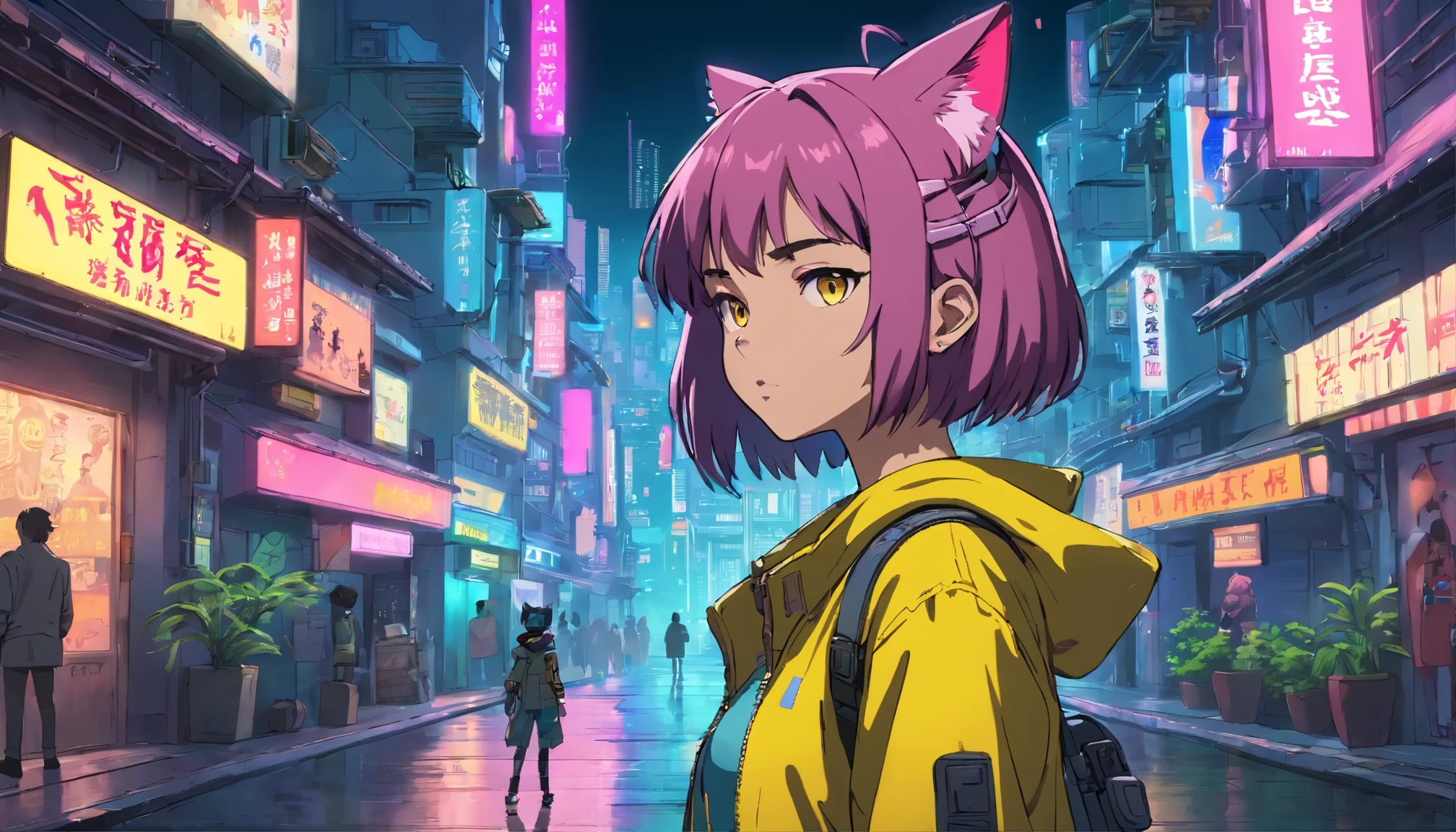 Cyber girl in a yellow jacket standing in town at night, cat ears, estilo de arte cyberpunk, arte de anime cyberpunk, arte digital do anime cyberpunk, arte cyberpunk anime, garota anime cyberpunk, cyberpunk digital - arte de anime, vibe cyberpunk, cyberpunk vibes, cyberpunk cores vibrantes, cyberpunk themed art,  de anime cyberpunk feminino, estilo de arte cyberpunk, brilho cyberpunk brilhante, Anime cyberpunk moderno, Garota cyberpunk