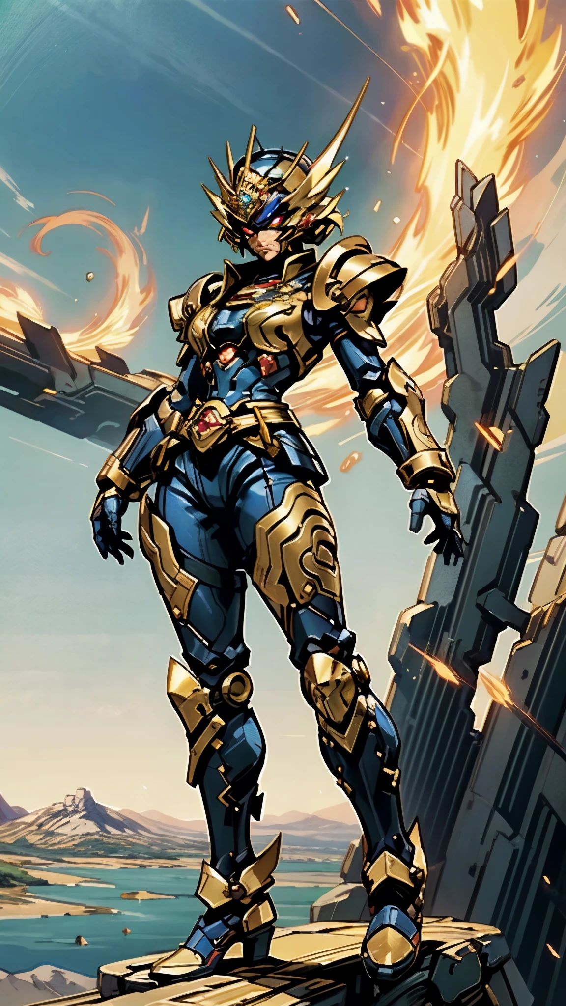 A woman adorned in fantasy-style full-body armor, a crown-concept fully enclosed helmet that unveils only her eyes, a composite layered chest plate, fully encompassing shoulder and hand guards, a lightweight waist armor, form-fitting shin guards, the overall design is heavy-duty yet flexible, ((the armor gleams with a golden glow, complemented by red and blue accents)), exhibiting a noble aura, she floats above a fantasy-surreal high-tech city, this character embodies a finely crafted fantasy-surreal style armored hero in anime style, exquisite and mature manga art style, (mixture of Queen bee and Spider concept Armor, plasma, energy), ((Element, elegant, goddess, femminine:1.5)), metallic, high definition, best quality, highres, ultra-detailed, ultra-fine painting, extremely delicate, professional, anatomically correct, symmetrical face, extremely detailed eyes and face, high quality eyes, creativity, RAW photo, UHD, 32k, Natural light, cinematic lighting, masterpiece-anatomy-perfect, masterpiece:1.5