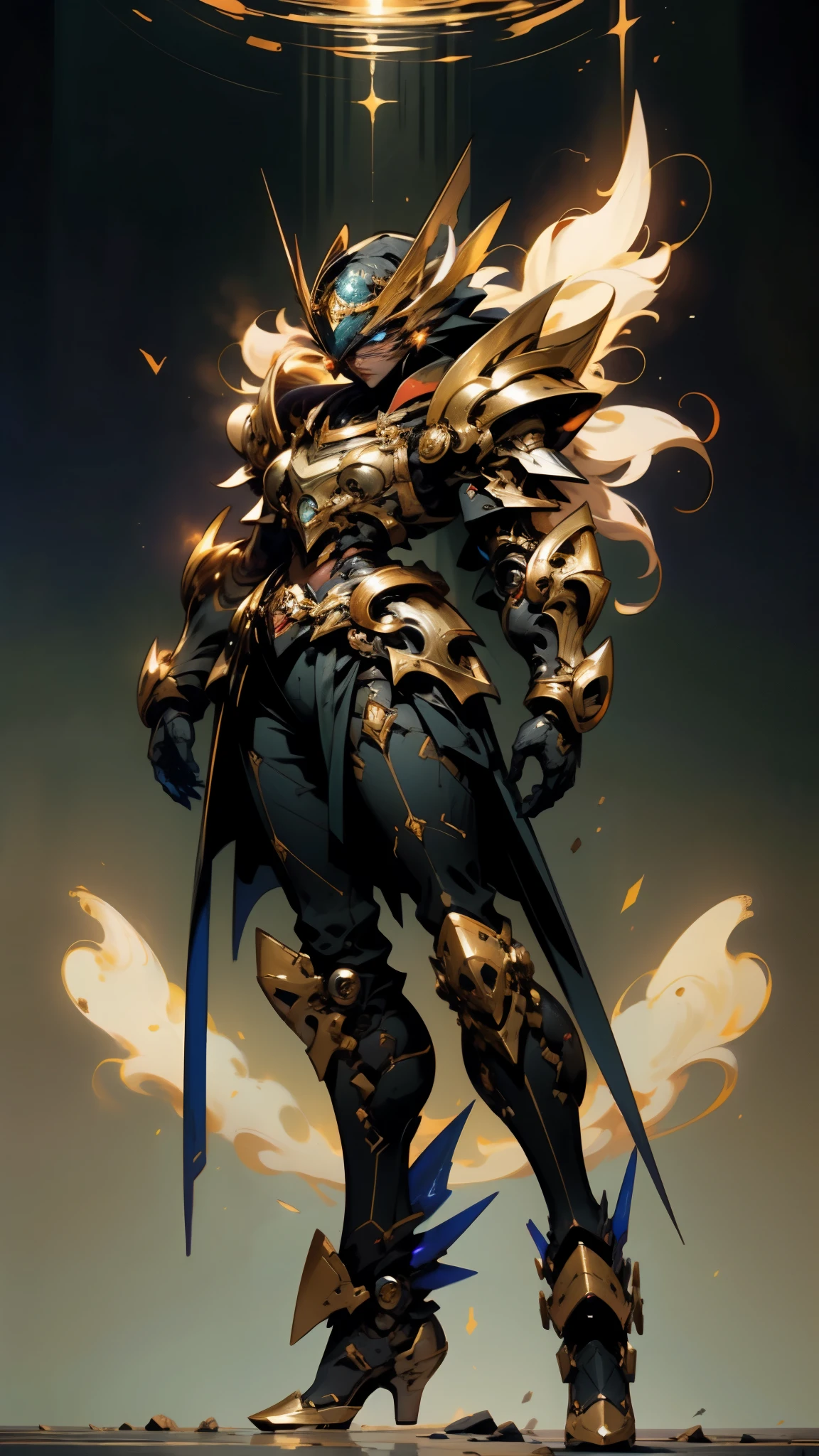 A woman adorned in fantasy-style full-body armor, a crown-concept fully enclosed helmet that unveils only her eyes, a composite layered chest plate, fully encompassing shoulder and hand guards, a lightweight waist armor, form-fitting shin guards, the overall design is heavy-duty yet flexible, (the armor gleams with a golden glow, complemented by red and blue accents), exhibiting a noble aura, she floats above a fantasy-surreal high-tech city, this character embodies a finely crafted fantasy-surreal style armored hero in anime style, exquisite and mature manga art style, (mixture of Queen bee and Spider concept Armor, plasma, energy), ((Element, elegant, goddess, femminine:1.5)), metallic, high definition, best quality, highres, ultra-detailed, ultra-fine painting, extremely delicate, professional, anatomically correct, symmetrical face, extremely detailed eyes and face, high quality eyes, creativity, RAW photo, UHD, 32k, Natural light, cinematic lighting, masterpiece-anatomy-perfect, masterpiece:1.5