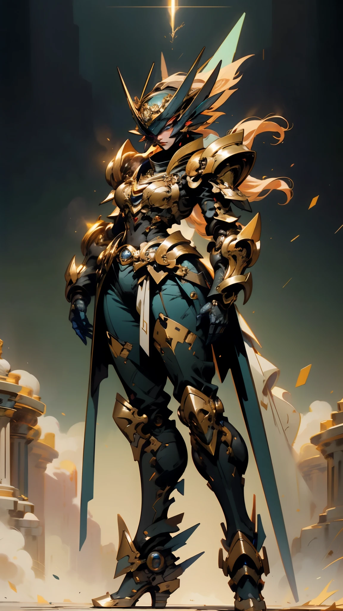 A woman adorned in fantasy-style full-body armor, a crown-concept fully enclosed helmet that unveils only her eyes, a composite layered chest plate, fully encompassing shoulder and hand guards, a lightweight waist armor, form-fitting shin guards, the overall design is heavy-duty yet flexible, (the armor gleams with a golden glow, complemented by red and blue accents), exhibiting a noble aura, she floats above a fantasy-surreal high-tech city, this character embodies a finely crafted fantasy-surreal style armored hero in anime style, exquisite and mature manga art style, (mixture of Queen bee and Spider concept Armor, plasma, energy), ((Element, elegant, goddess, femminine:1.5)), metallic, high definition, best quality, highres, ultra-detailed, ultra-fine painting, extremely delicate, professional, anatomically correct, symmetrical face, extremely detailed eyes and face, high quality eyes, creativity, RAW photo, UHD, 32k, Natural light, cinematic lighting, masterpiece-anatomy-perfect, masterpiece:1.5