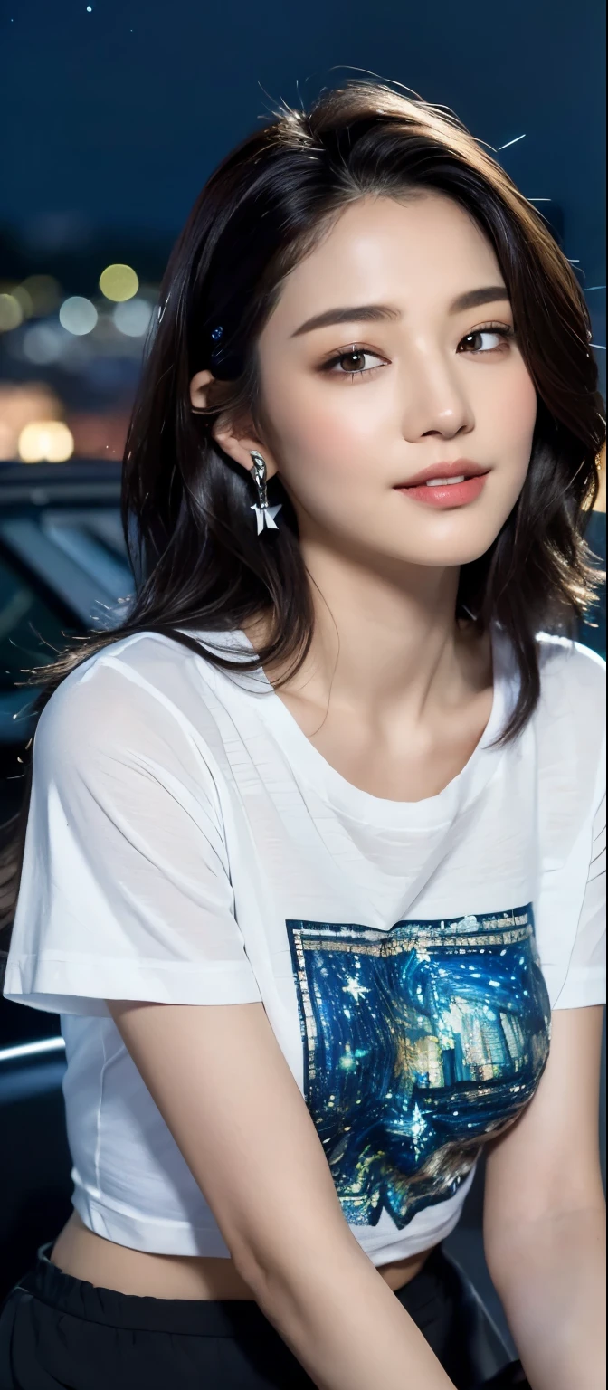 ((best quality, 8k, masterpiece :1.3)), sharp focus, Upper body, beautiful woman,Perfect body, slender thighs, Big breasts, ((Black layered hairstyle)), (Tight T-shirt, short skirt, earrings), (sitting), ((roof, starry night)), Highly detailed facial and skin textures, delicate eyes, double eyelids, close up, Smile