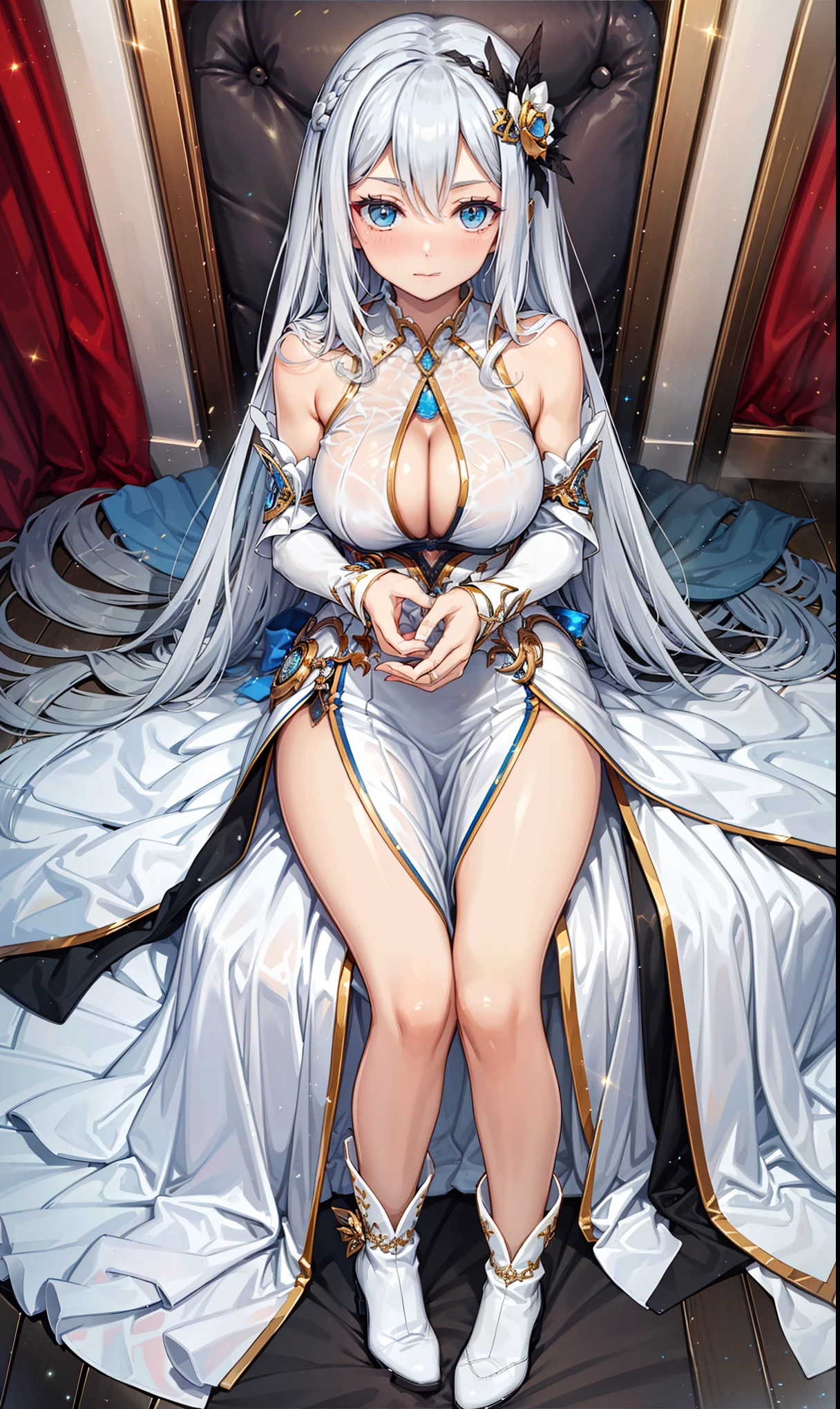 saints,Elegant and charming,having fun,in love,(Transparent white dress,Sophisticated and gorgeous design,from fantasy world),black gloves,silver hair,blue eyes,see through transparent clothes,Exquisite hair accessories,Transparent lace,Sky blue pattern,dress nicely,bedroom,night,Carved suspender boots,Super super details,Divine magic,light particles,Exquisite and beautiful face and eyes