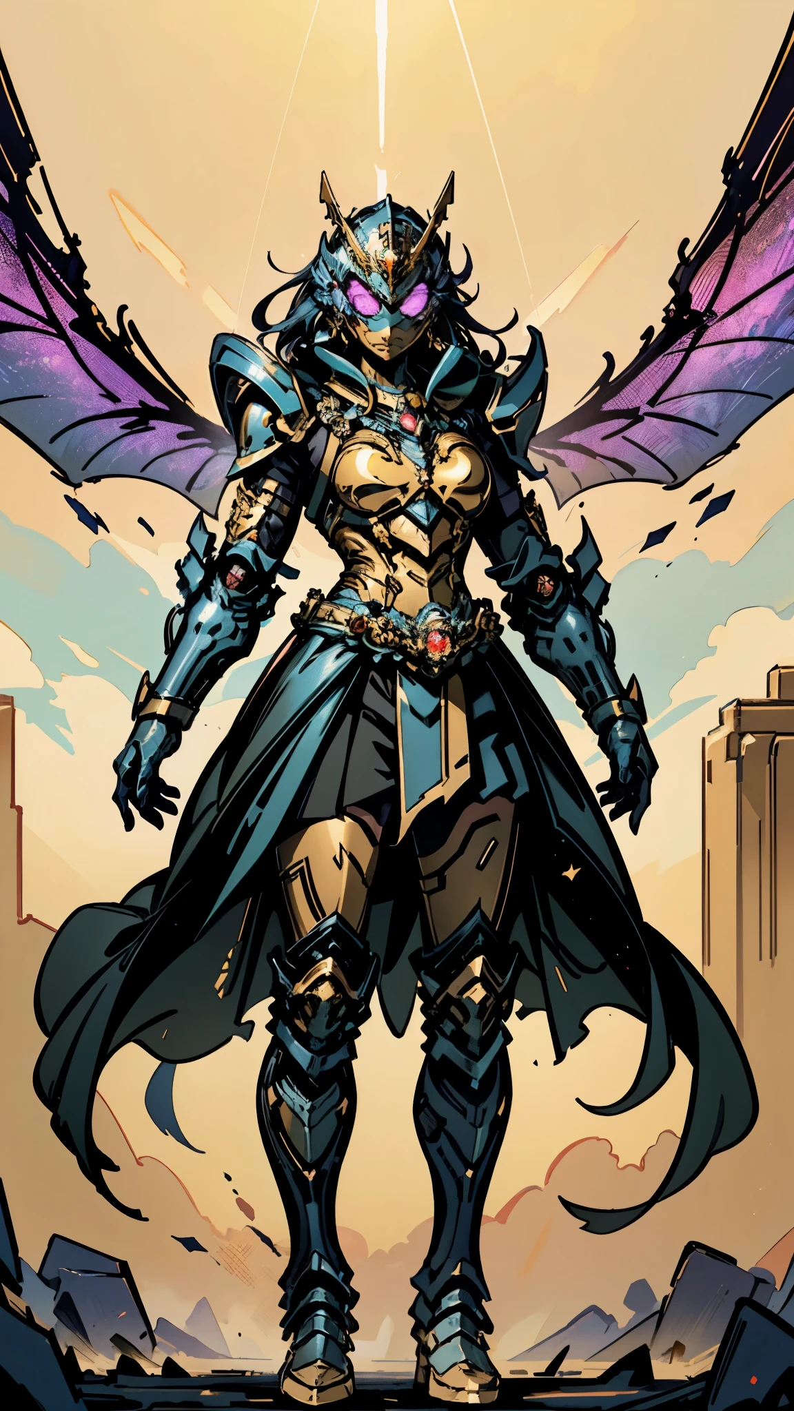 A woman adorned in fantasy-style full-body armor, a crown-concept fully enclosed helmet that unveils only her eyes, a composite layered chest plate, fully encompassing shoulder and hand guards, a lightweight waist armor, form-fitting shin guards, the overall design is heavy-duty yet flexible, ((the armor gleams with a golden glow, complemented by red and blue accents)), exhibiting a noble aura, she floats above a fantasy-surreal high-tech city, this character embodies a finely crafted fantasy-surreal style armored hero in anime style, exquisite and mature manga art style, (mixture of Queen bee and Spider concept Armor, plasma, energy), ((Element, elegant, goddess, femminine:1.5)), metallic, high definition, best quality, highres, ultra-detailed, ultra-fine painting, extremely delicate, professional, anatomically correct, symmetrical face, extremely detailed eyes and face, high quality eyes, creativity, RAW photo, UHD, 32k, Natural light, cinematic lighting, masterpiece-anatomy-perfect, masterpiece:1.5