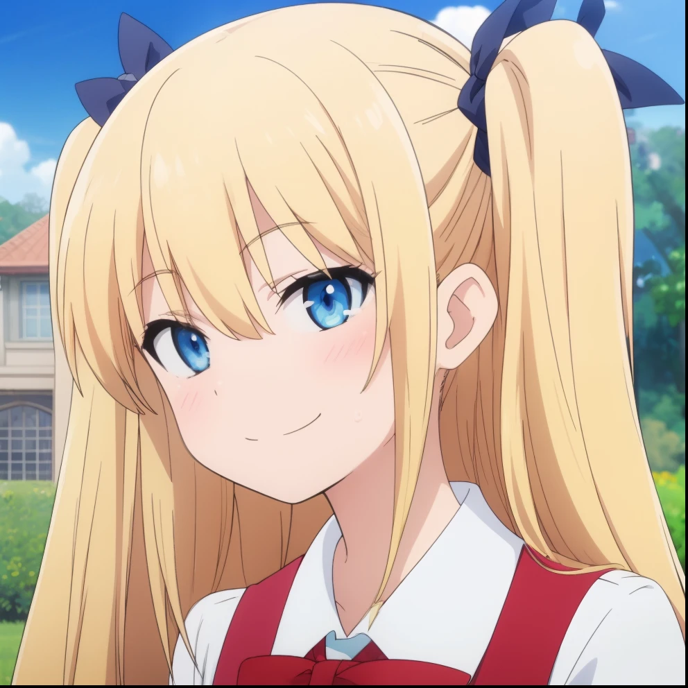 high quality, the masterpiece (one girl) Big eyes. blonde. sly grin. Dark bows. ponytails on the hair. Blue eyes. White shirt. Red vests. long bangs. grin. closed mouth