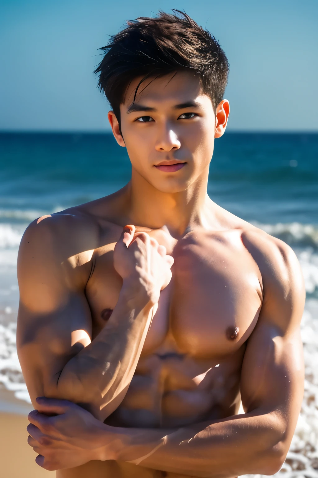 A handsome 20-year-old Asian man,Toned body,Sharply defined,Be well-exercised,Protruding muscle striae,Full muscles,Healthy complexion,Confident posture,On the beach,full bodyesbian,gentlesoftlighting,tmasterpiece,best qualtiy,8K UHD,digital DSLR camera,filmgrain,Fujifilm XT3 Realistic painting art,Written by Midjourney and Greg Rutkowski