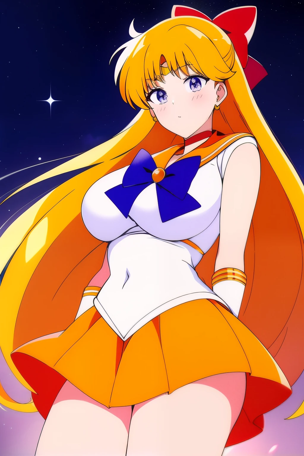 highest quality anime art、masterpiece、high definition anime art、アニメstyle4K、High resolution、sailor warrior uniform、anime aunt、mature woman、mature woman、annual increase、woman in her 40s、MILF、Minako Aino、orange choker、golden choker、bow、very long blonde woman、white gloves、long gloves、orange skirt、golden skirt、rating:safe、sailor venus、solo、Magical girl、orange sailor collar、golden sailor collar、purple bow tie、blue eyed woman、skirt、red_head_bow、yellow_back_bow、white leotard、high leg leotard、white dress、jewelry、red_hair_bow、earrings、woman with very large breasts、big breasts、circlet、mini skirt、pleated skirt、half up hair、violet _bowtie、cowboy shot、looking_at_viewer、night sky、a woman is standing、shiny、moon、expressionless、bare shoulders、bare legs、(1990s\(style\):0.9)、