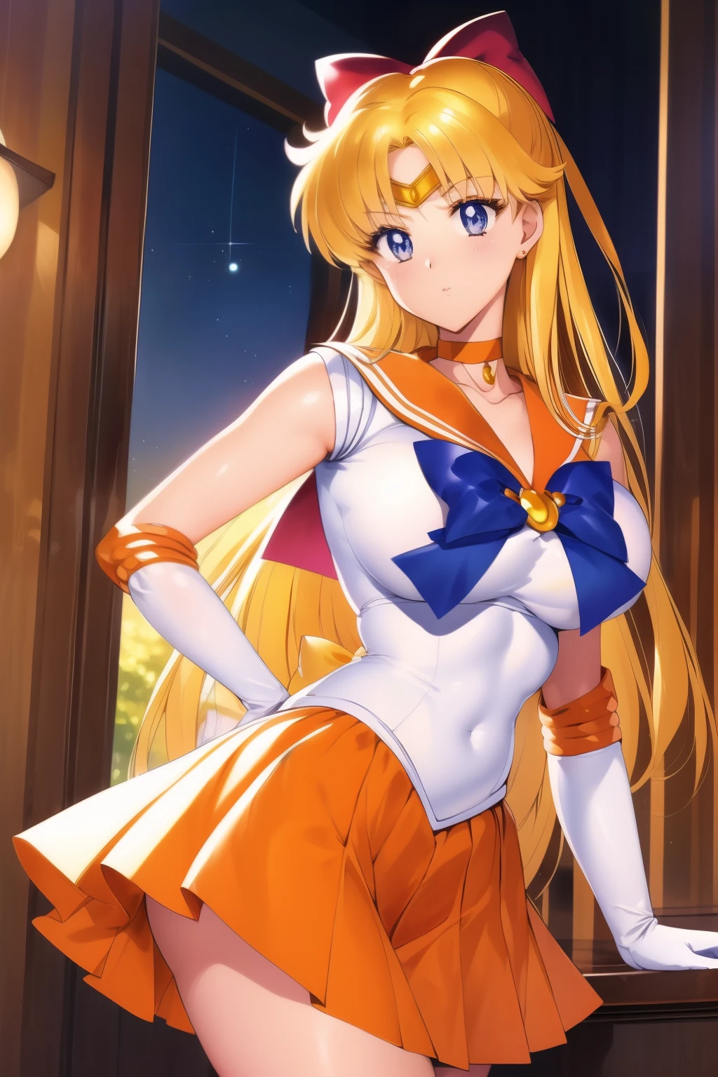 highest quality anime art、masterpiece、high definition anime art、アニメstyle4K、High resolution、sailor warrior uniform、anime aunt、mature woman、mature woman、annual increase、woman in her 40s、MILF、Minako Aino、orange choker、golden choker、bow、very long blonde woman、white gloves、elbow bag、orange skirt、golden skirt、rating:safe、sailor venus、solo、Magical girl、orange sailor collar、golden sailor collar、purple bow tie、blue eyed woman、skirt、red_head_bow、yellow_back_bow、white leotard、high leg leotard、white dress、jewelry、red_hair_bow、earrings、woman with very large breasts、big breasts、circlet、mini skirt、pleated skirt、half up hair、violet _bowtie、cowboy shot、looking_at_viewer、night sky、a woman is standing、shiny、moon、expressionless、bare shoulders、bare legs、(1990s\(style\):0.9)、