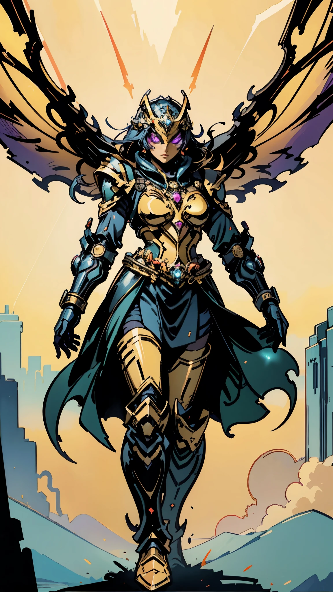 A woman adorned in fantasy-style full-body armor, a crown-concept fully enclosed helmet that unveils only her eyes, a composite layered chest plate, fully encompassing shoulder and hand guards, a lightweight waist armor, form-fitting shin guards, the overall design is heavy-duty yet flexible, ((the armor gleams with a golden glow, complemented by red and blue accents)), exhibiting a noble aura, she floats above a fantasy-surreal high-tech city, this character embodies a finely crafted fantasy-surreal style armored hero in anime style, exquisite and mature manga art style, (mixture of Queen bee and Spider concept Armor, plasma, energy), ((Element, elegant, goddess, femminine:1.5)), metallic, high definition, best quality, highres, ultra-detailed, ultra-fine painting, extremely delicate, professional, anatomically correct, symmetrical face, extremely detailed eyes and face, high quality eyes, creativity, RAW photo, UHD, 32k, Natural light, cinematic lighting, masterpiece-anatomy-perfect, masterpiece:1.5