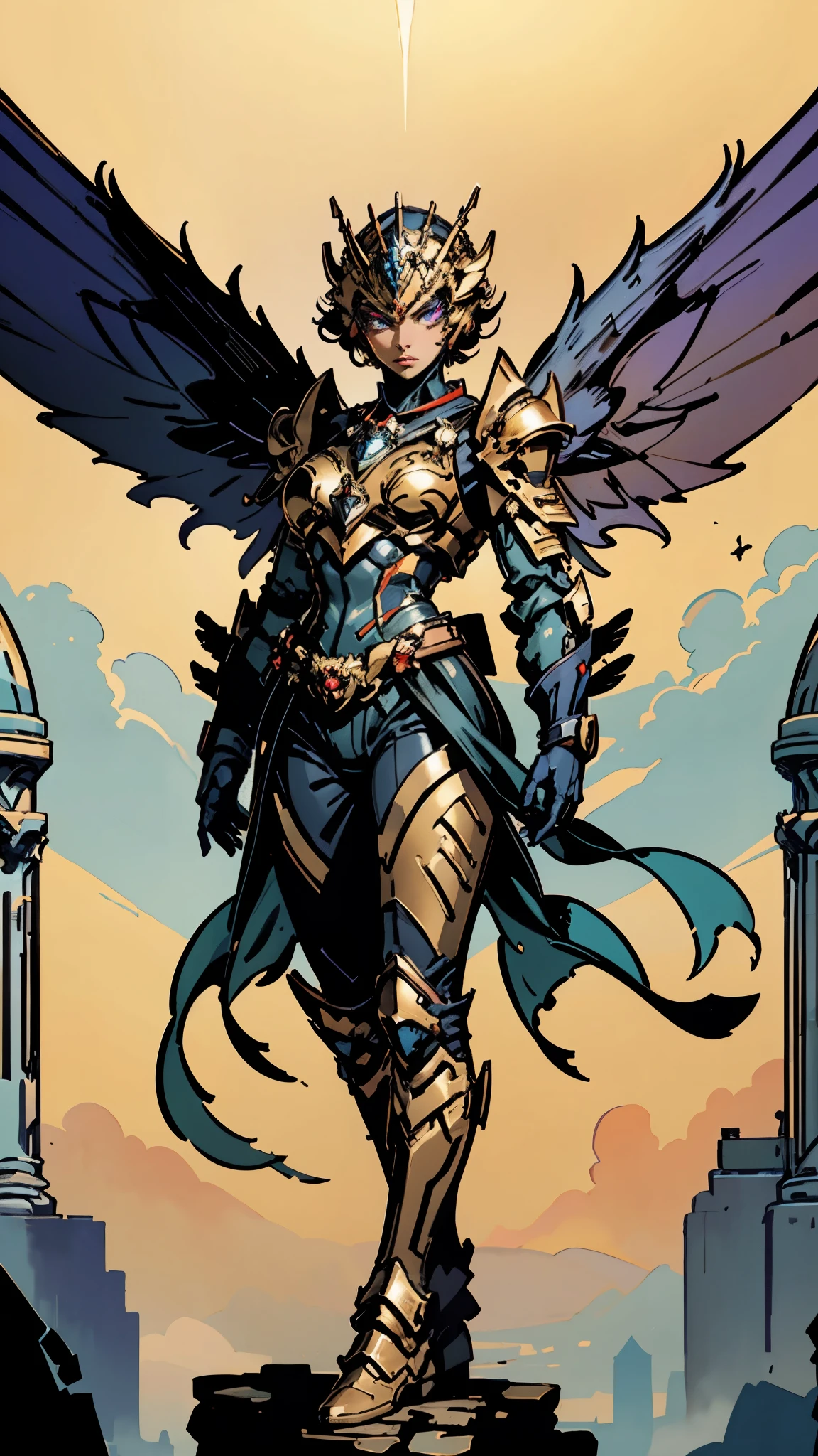 A woman adorned in fantasy-style full-body armor, a crown-concept fully enclosed helmet that unveils only her eyes, a composite layered chest plate, fully encompassing shoulder and hand guards, a lightweight waist armor, form-fitting shin guards, the overall design is heavy-duty yet flexible, ((the armor gleams with a golden glow, complemented by red and blue accents)), exhibiting a noble aura, she floats above a fantasy-surreal high-tech city, this character embodies a finely crafted fantasy-surreal style armored hero in anime style, exquisite and mature manga art style, (mixture of Queen bee and Spider concept Armor, plasma, energy), ((Element, elegant, goddess, femminine:1.5)), metallic, high definition, best quality, highres, ultra-detailed, ultra-fine painting, extremely delicate, professional, anatomically correct, symmetrical face, extremely detailed eyes and face, high quality eyes, creativity, RAW photo, UHD, 32k, Natural light, cinematic lighting, masterpiece-anatomy-perfect, masterpiece:1.5