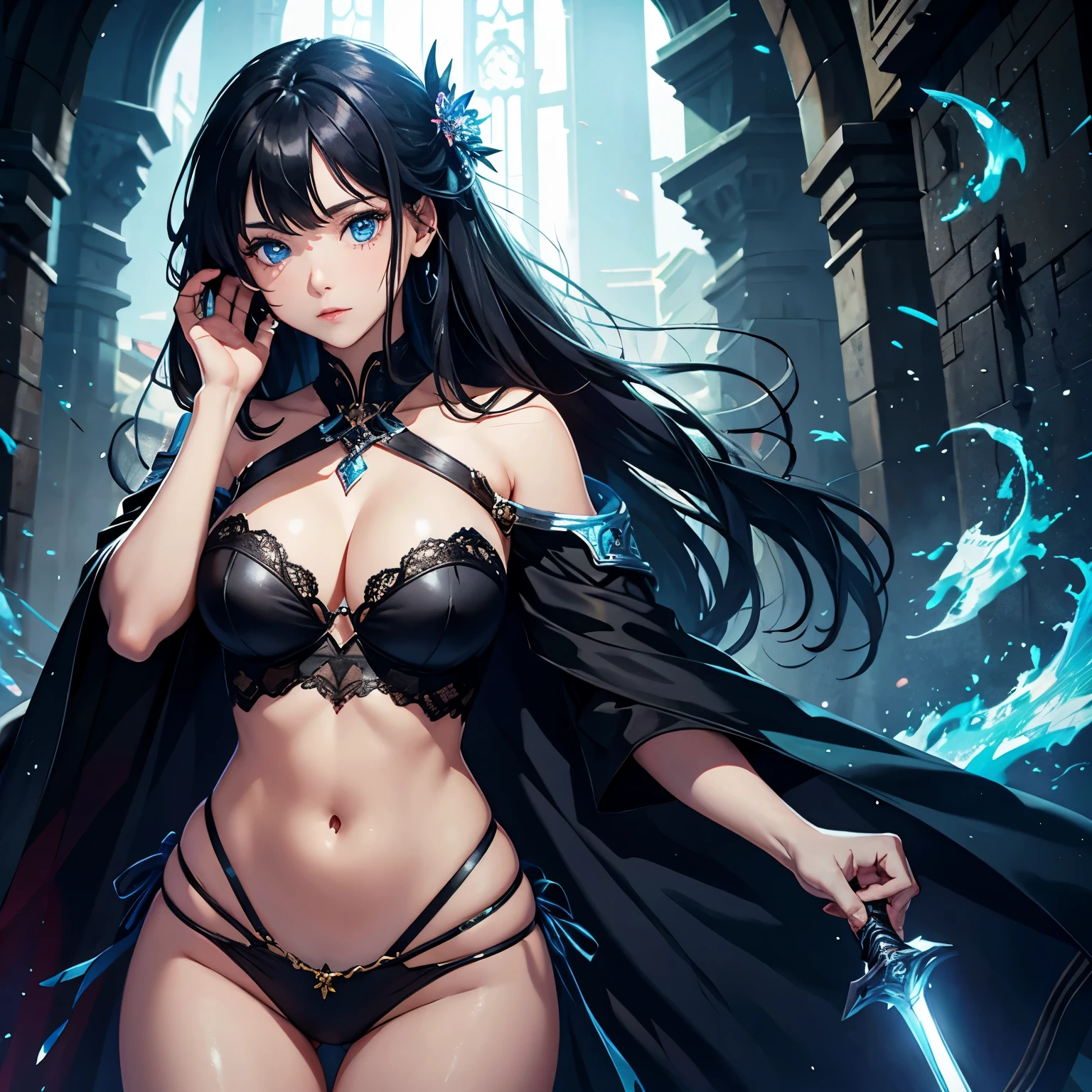 Masterpiece, highest quality resolution,5000 dpi image,high quality image,1girl,solo, beautiful face,masterpiece,hdr,high resolution,best quality,masterpiece,studio light,professional,high resolution,best quality,HDR,Light, floating, holding a sword aura, blue eyes, long black hair, cleavage, fantasy castle background, sunny weather, 