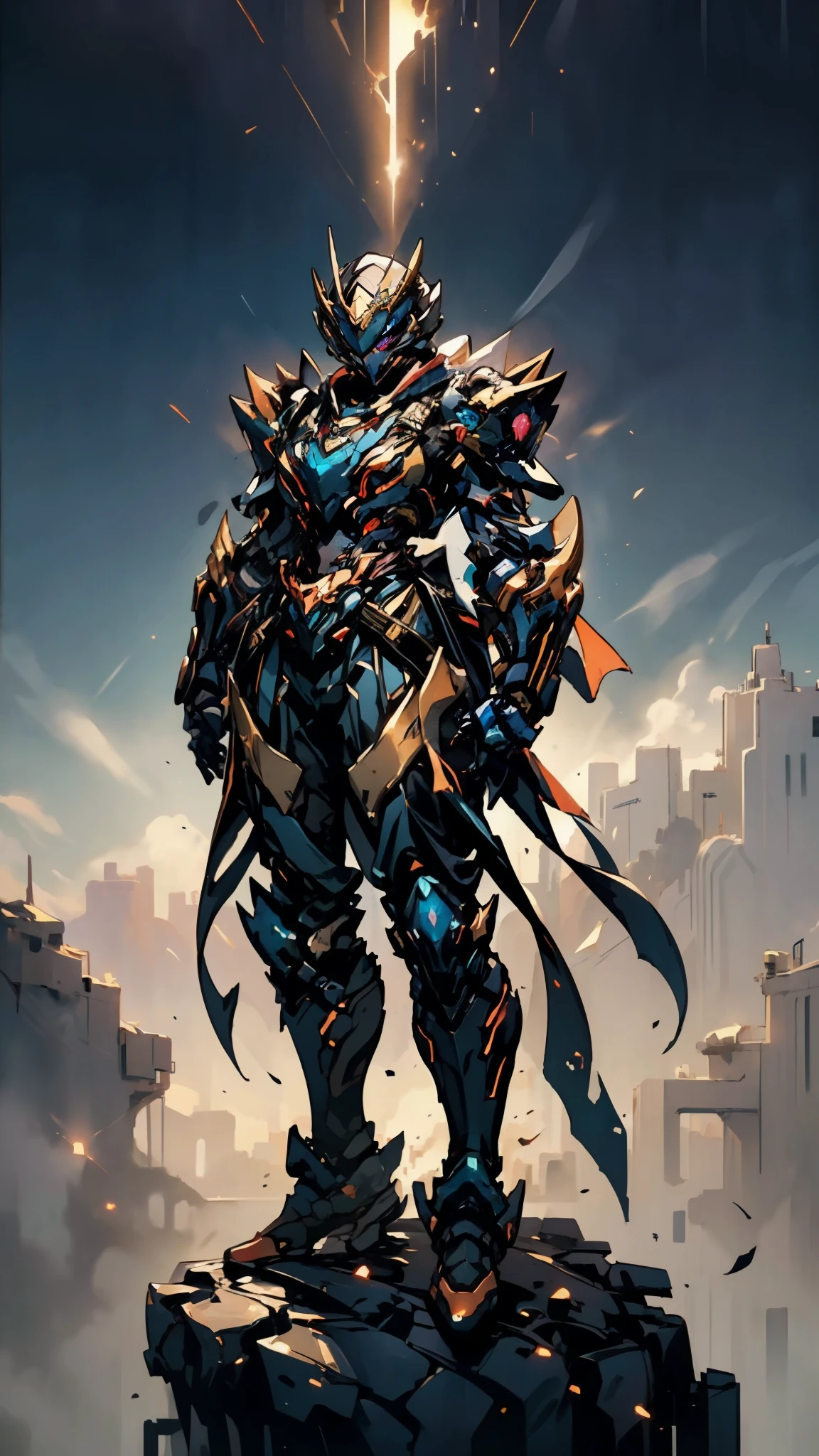 A woman adorned in fantasy-style full-body armor, a crown-concept fully enclosed helmet that unveils only her eyes, a composite layered chest plate, fully encompassing shoulder and hand guards, a lightweight waist armor, form-fitting shin guards, the overall design is heavy-duty yet flexible, ((the armor gleams with a golden glow, complemented by red and blue accents)), exhibiting a noble aura, she floats above a fantasy-surreal high-tech city, this character embodies a finely crafted fantasy-surreal style armored hero in anime style, exquisite and mature manga art style, (mixture of Queen bee and Spider concept Armor, plasma, energy), ((Element, elegant, goddess, femminine:1.5)), metallic, high definition, best quality, highres, ultra-detailed, ultra-fine painting, extremely delicate, professional, anatomically correct, symmetrical face, extremely detailed eyes and face, high quality eyes, creativity, RAW photo, UHD, 32k, Natural light, cinematic lighting, masterpiece-anatomy-perfect, masterpiece:1.5