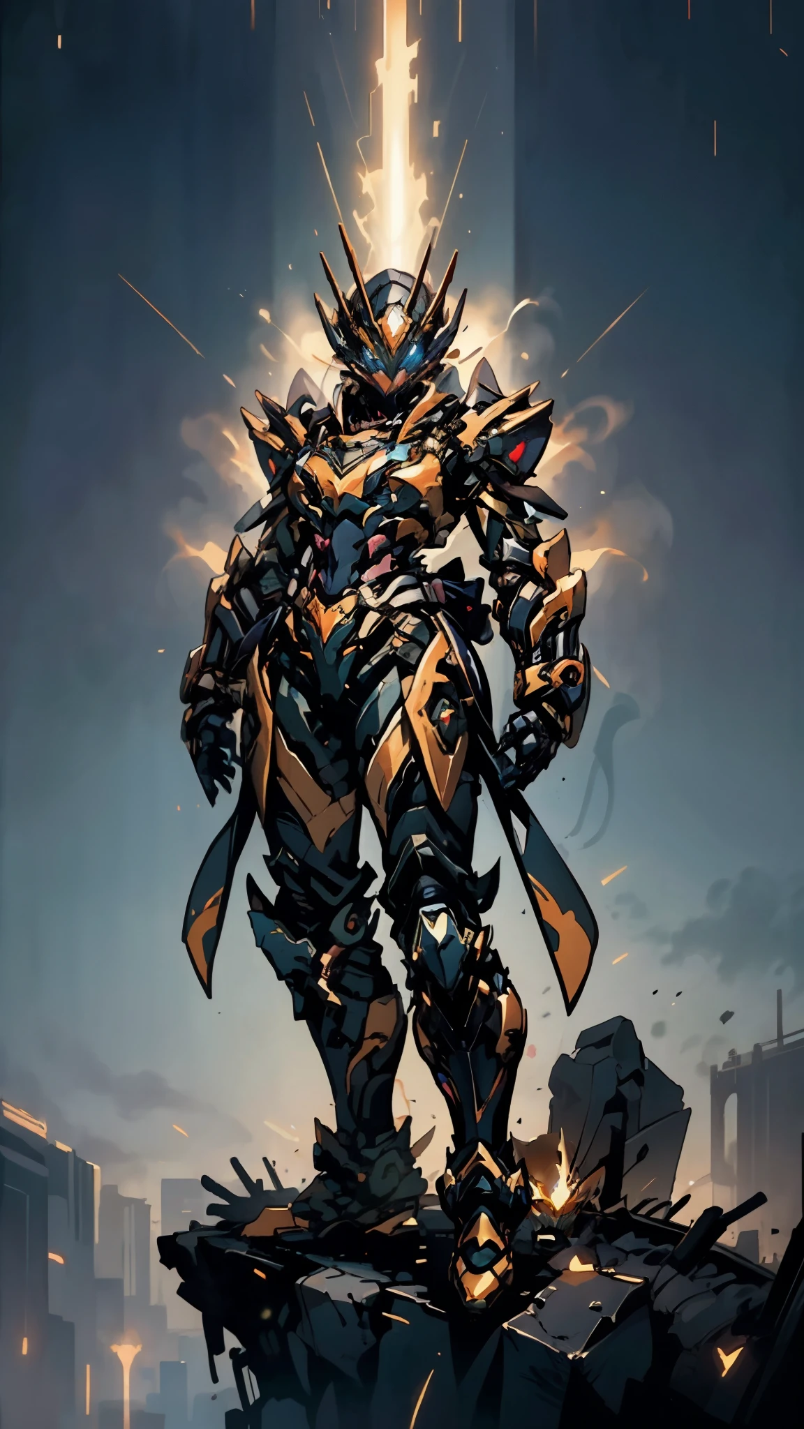 A woman adorned in fantasy-style full-body armor, a crown-concept fully enclosed helmet that unveils only her eyes, a composite layered chest plate, fully encompassing shoulder and hand guards, a lightweight waist armor, form-fitting shin guards, the overall design is heavy-duty yet flexible, ((the armor gleams with a golden glow, complemented by red and blue accents)), exhibiting a noble aura, she floats above a fantasy-surreal high-tech city, this character embodies a finely crafted fantasy-surreal style armored hero in anime style, exquisite and mature manga art style, (mixture of Queen bee and Spider concept Armor, plasma, energy), ((Element, elegant, goddess, femminine:1.5)), metallic, high definition, best quality, highres, ultra-detailed, ultra-fine painting, extremely delicate, professional, anatomically correct, symmetrical face, extremely detailed eyes and face, high quality eyes, creativity, RAW photo, UHD, 32k, Natural light, cinematic lighting, masterpiece-anatomy-perfect, masterpiece:1.5