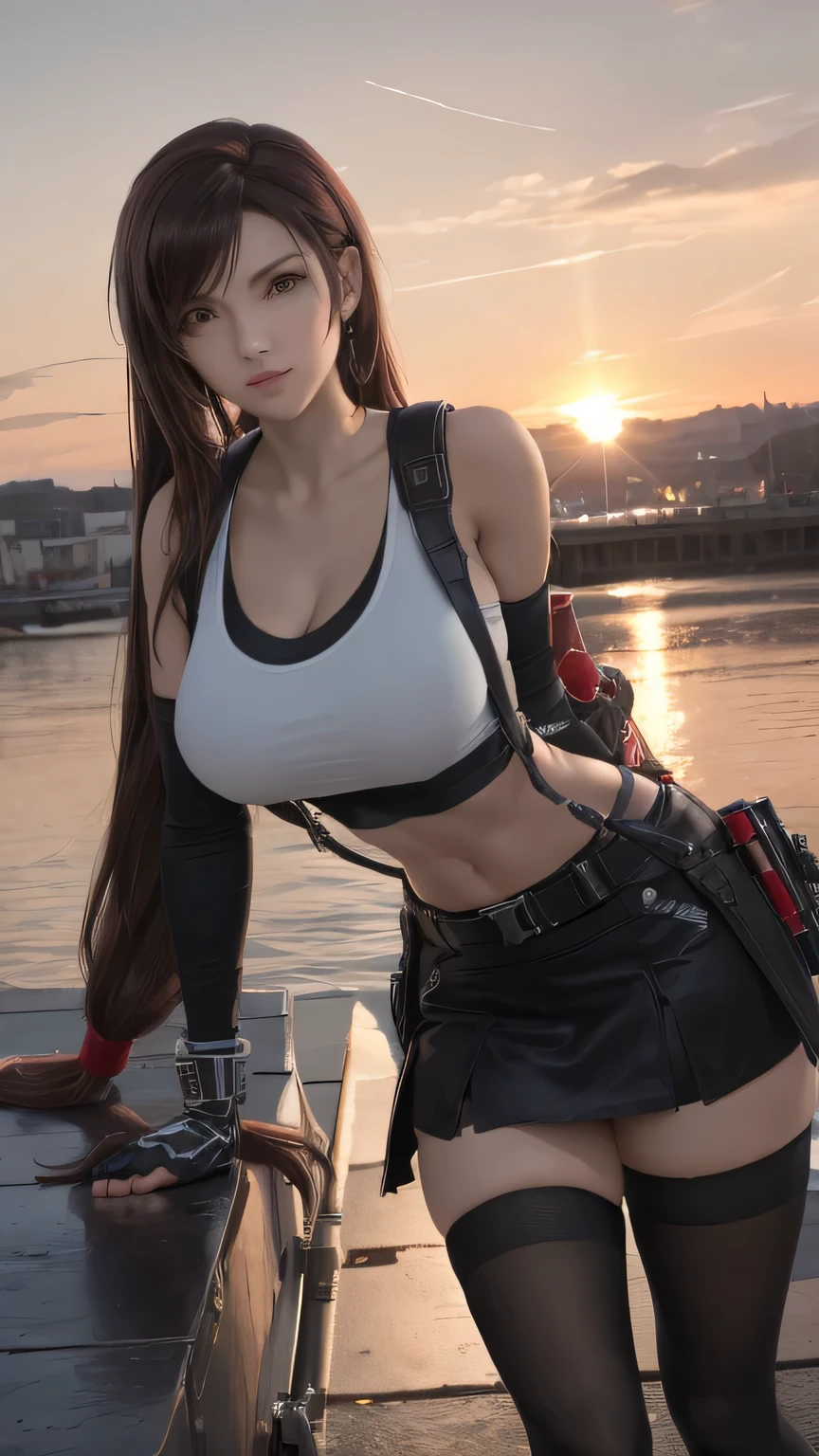 best quality,masterpiece,8k wallpaper,absurdres, highres, ultra detailed, (1 young beautiful girl, solo:1.1),tifa lockhart \(cosplay\), outdoors,sunset, streamline,