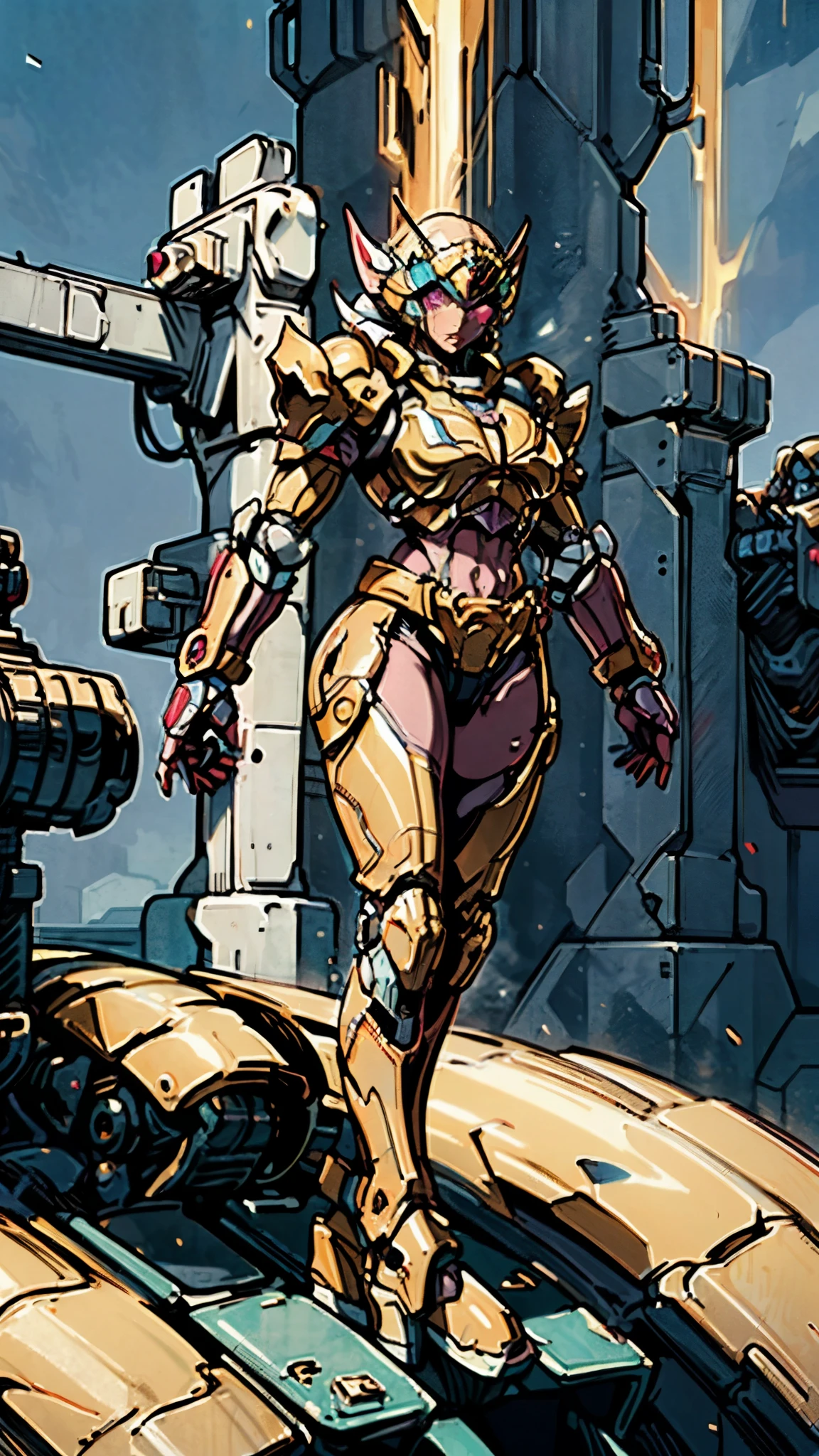 A woman adorned in fantasy-style full-body armor, a crown-concept fully enclosed helmet that unveils only her eyes, a composite layered chest plate, fully encompassing shoulder and hand guards, a lightweight waist armor, form-fitting shin guards, the overall design is heavy-duty yet flexible, ((the armor gleams with a golden glow, complemented by red and blue accents)), exhibiting a noble aura, she floats above a fantasy-surreal high-tech city, this character embodies a finely crafted fantasy-surreal style armored hero in anime style, exquisite and mature manga art style, (mixture of Queen bee and Spider concept Armor, plasma, energy), ((Element, elegant, goddess, femminine:1.5)), metallic, high definition, best quality, highres, ultra-detailed, ultra-fine painting, extremely delicate, professional, anatomically correct, symmetrical face, extremely detailed eyes and face, high quality eyes, creativity, RAW photo, UHD, 32k, Natural light, cinematic lighting, masterpiece-anatomy-perfect, masterpiece:1.5