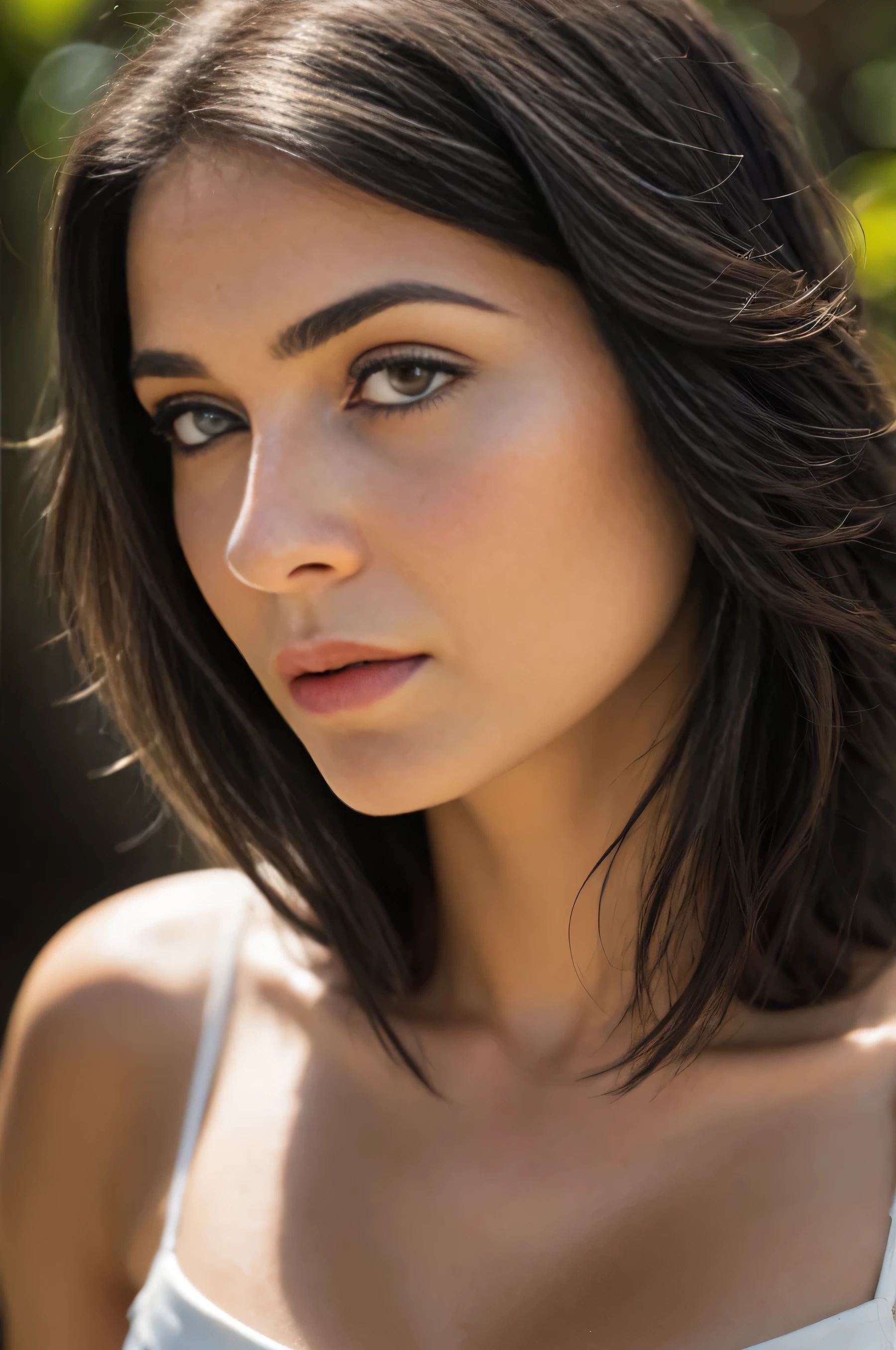 retrato de Uma linda mulher, 40 anos. Da Pele bronzeada, cabocla, longos cabelos pretos, lisos na altura das costas, Fringe of Amazonian India, cocar de penas, olhos ocidentais, cor de mel, peitos a mostra, fofinha torneada, ((bochechas grandes)), tomando banho ao natural, em um /io profundo e com aguas transparentes que mostram a silhueta de sue corpo submerso, just with the head and neck out of the water, entre juncos, (backlit), realista, obra-prima, alta qualidade, brilho, sombra, flor, [[chromatic aberration]], de Jeremy Lipking, de Antonio J. Manzanedo, pintura digital, Brasileira, 8k uhd,, floresta, pedras na margem, rio, madeira, smoke billowing, sombras, contraste, clear sky, estilo , (matiz quente, tom quente)