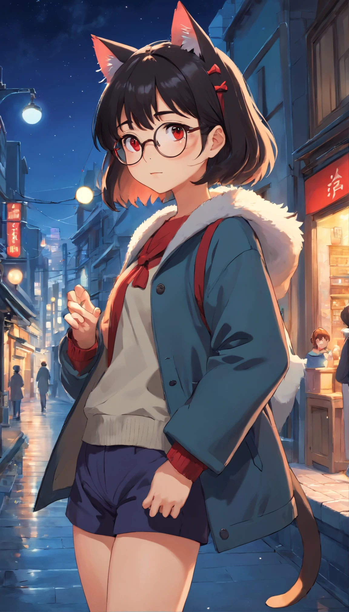 1girl, cat ears, sensual and innocent, small girl, black hair, red eyes, beauty brand, round glasses, cropped short, short shorts, (large female coat over shoulders), urban, tokyo city, bustling city, moonlight, light particles,(best quality, masterpiece), (super ultra detailed), (illustration), (super masterpiece), extremely delicate and beautiful, (animated), (extremely detailed 8k CG), high resolution, (perfect finger), (perfect hands), (detailed anatomy)