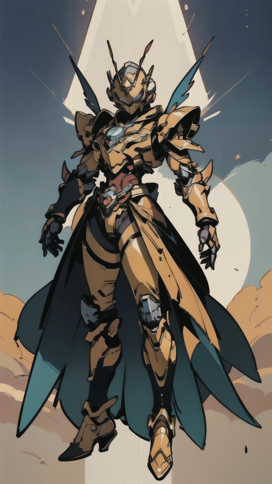 A woman adorned in fantasy-style full-body armor, a crown-concept fully enclosed helmet that unveils only her eyes, a composite layered chest plate, fully encompassing shoulder and hand guards, a lightweight waist armor, form-fitting shin guards, the overall design is heavy-duty yet flexible, ((the armor gleams with a golden glow, complemented by red and blue accents)), exhibiting a noble aura, she floats above a fantasy-surreal high-tech city, this character embodies a finely crafted fantasy-surreal style armored hero in anime style, exquisite and mature manga art style, (mixture of Queen bee and Spider concept Armor, plasma, energy), ((Element, elegant, goddess, femminine:1.5)), metallic, high definition, best quality, highres, ultra-detailed, ultra-fine painting, extremely delicate, professional, anatomically correct, symmetrical face, extremely detailed eyes and face, high quality eyes, creativity, RAW photo, UHD, 32k, Natural light, cinematic lighting, masterpiece-anatomy-perfect, masterpiece:1.5