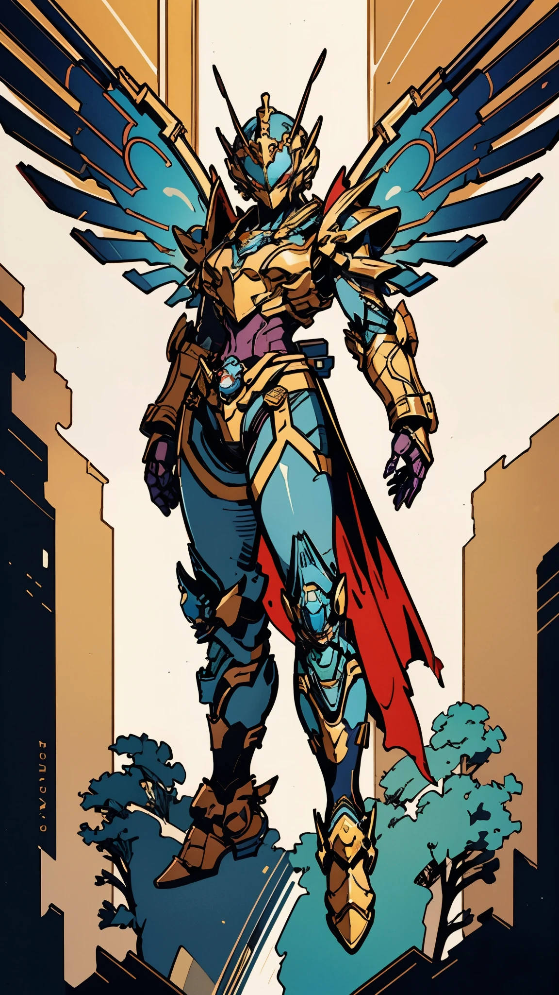 A woman adorned in fantasy-style full-body armor, a crown-concept fully enclosed helmet that unveils only her eyes, a composite layered chest plate, fully encompassing shoulder and hand guards, a lightweight waist armor, form-fitting shin guards, the overall design is heavy-duty yet flexible, ((the armor gleams with a golden glow, complemented by red and blue accents)), exhibiting a noble aura, she floats above a fantasy-surreal high-tech city, this character embodies a finely crafted fantasy-surreal style armored hero in anime style, exquisite and mature manga art style, (mixture of Queen bee and Spider concept Armor, plasma, energy), ((Element, elegant, goddess, femminine:1.5)), metallic, high definition, best quality, highres, ultra-detailed, ultra-fine painting, extremely delicate, professional, anatomically correct, symmetrical face, extremely detailed eyes and face, high quality eyes, creativity, RAW photo, UHD, 32k, Natural light, cinematic lighting, masterpiece-anatomy-perfect, masterpiece:1.5