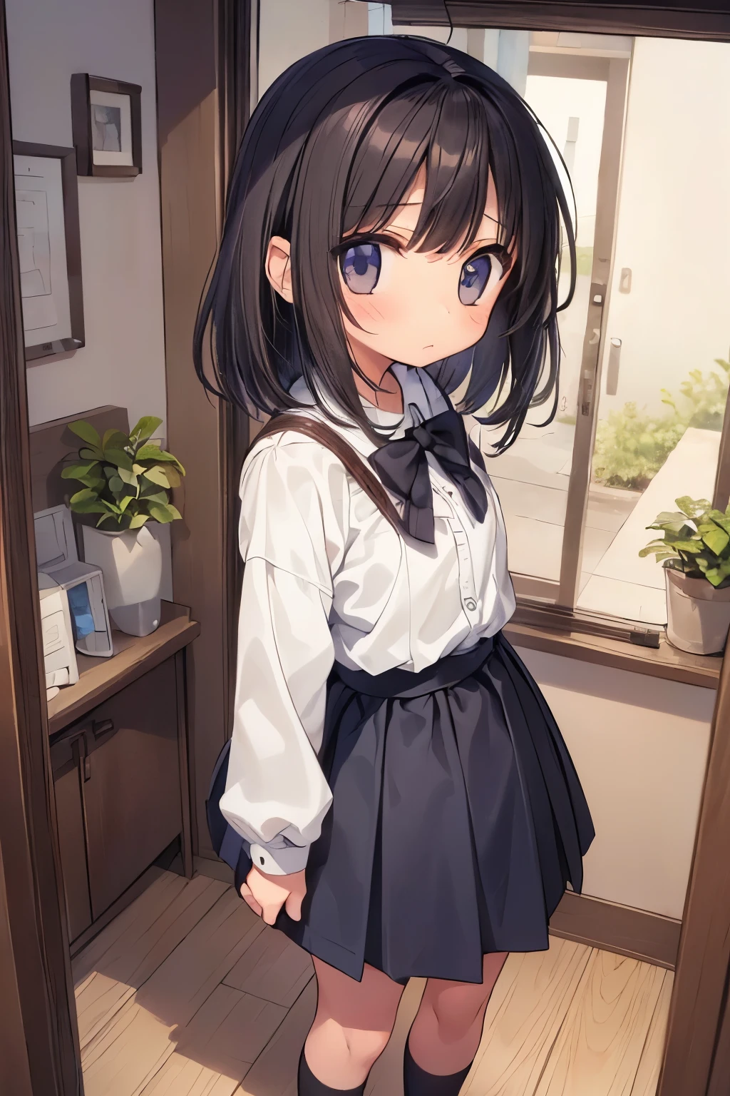 (、12 year old girl、petite、可愛いな女の子、younger sister:1.4)、flat chest、Standing picture、full body figure、Front facing、Room wear、shorts、straight hair、medium hair