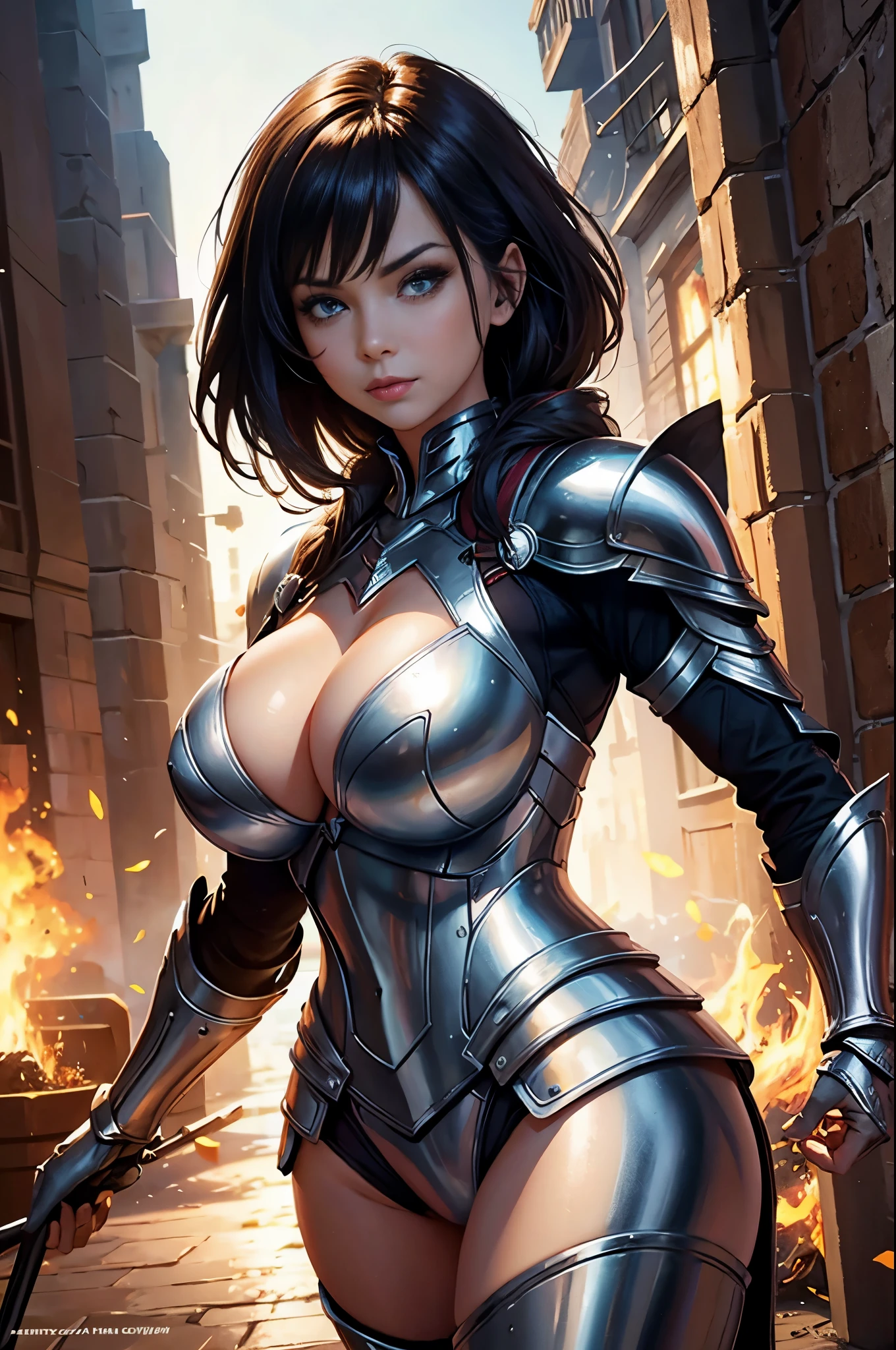 woman in shiny armor, posing, big breasts, naughty