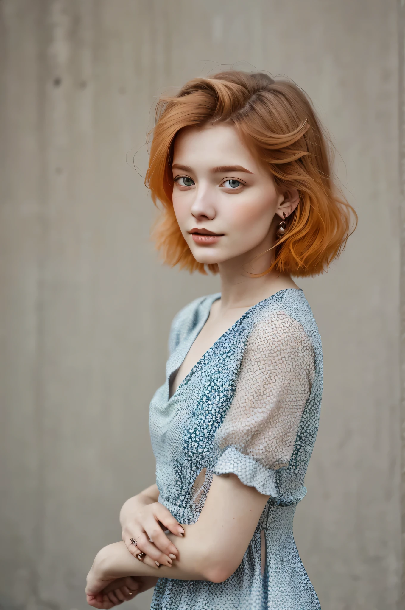 portrait photo of AnastasiaCebulska, focus on face, wearing a summer dress , her honey-orange color hair is styled as bob hair,